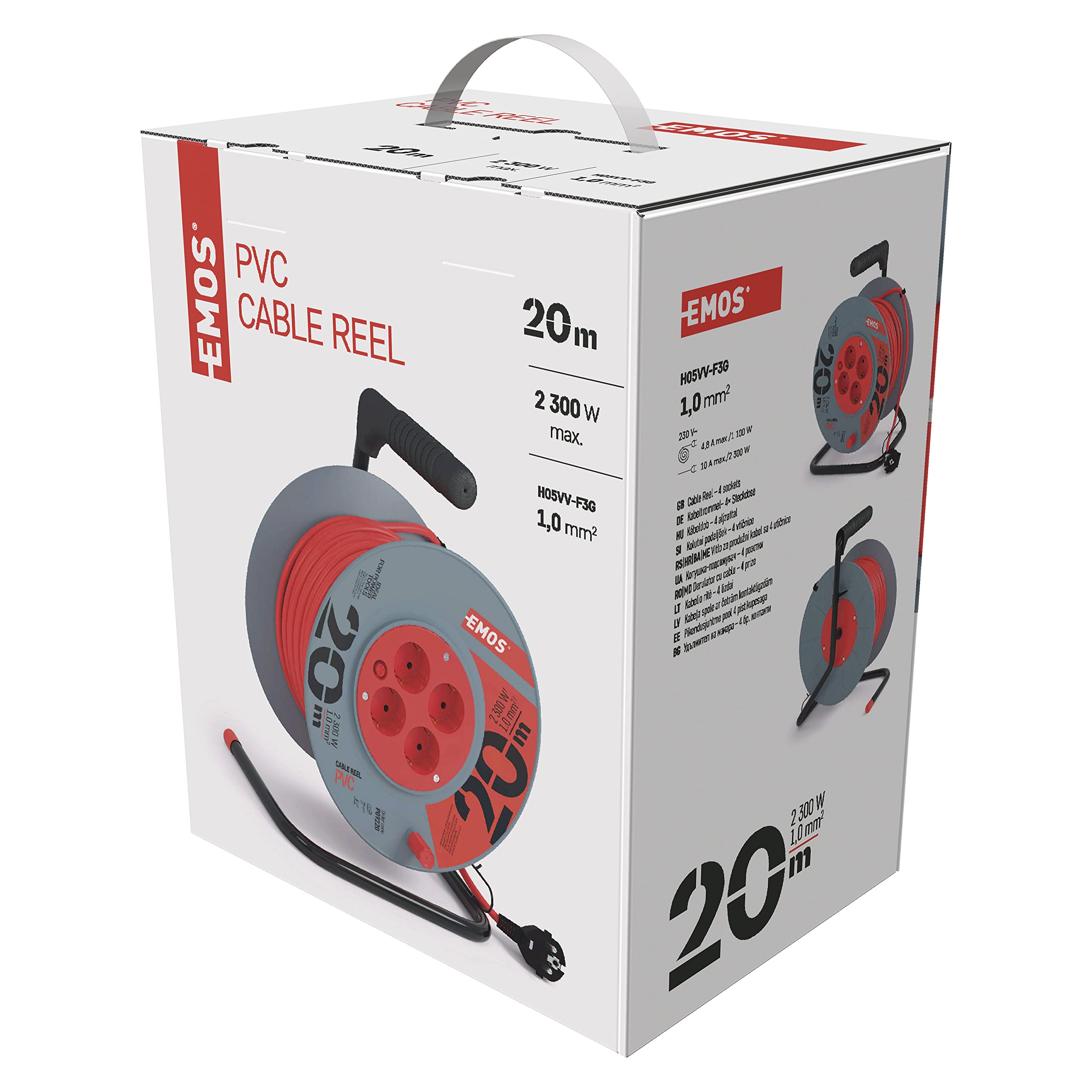 EMOS tambor cable 20 m, 4 Schuko, 230 V 10 A 2300 W, PVC H05VV-F3G 1.0 mm², protección sobrecalentamiento, freno bobina, IP20, interior