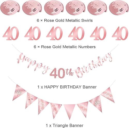 Miniatura 3 de Decoración de cumpleaños número 40 de oro rosa para niñas, pancarta de feliz cumpleaños 40, remolinos de banderines, pancarta de bandera triangular