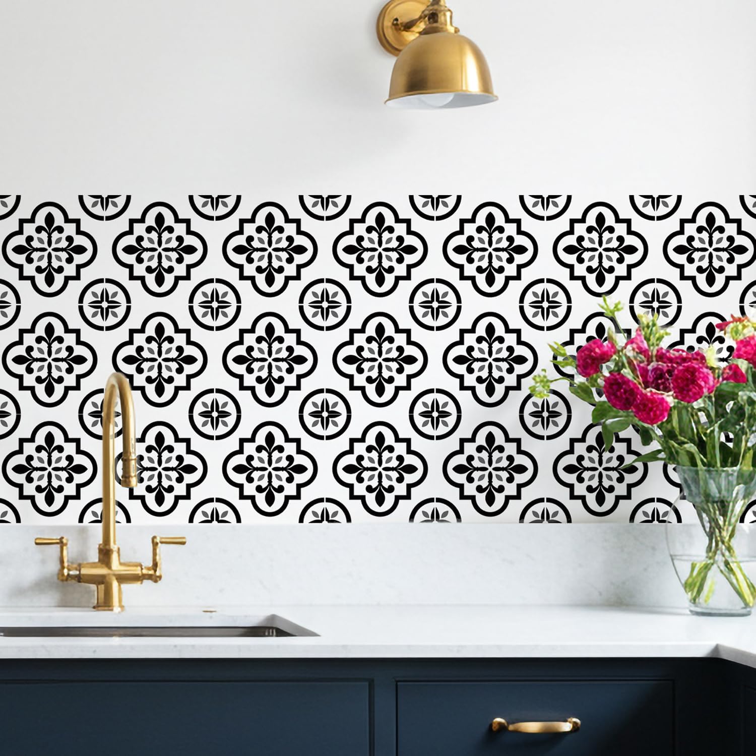 16 Pack, 5.9 Inch Black and White Peel and Stick Tiles, Removable Victorian Vinyl Decals for Backsplash, Stairs, & Furniture
