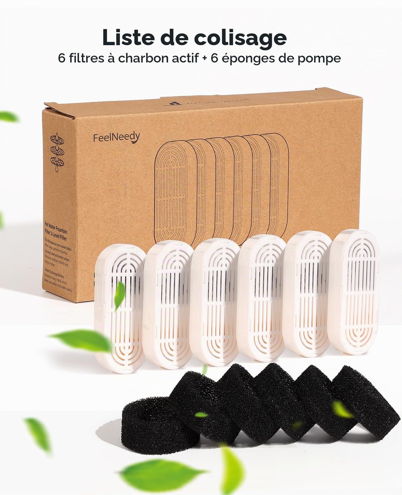 FEELNEEDY Fontaine a Eau Chat INOX 2,8L avec 6 Packs de Filtres et 6 Packs d'Éponges de Remplacement