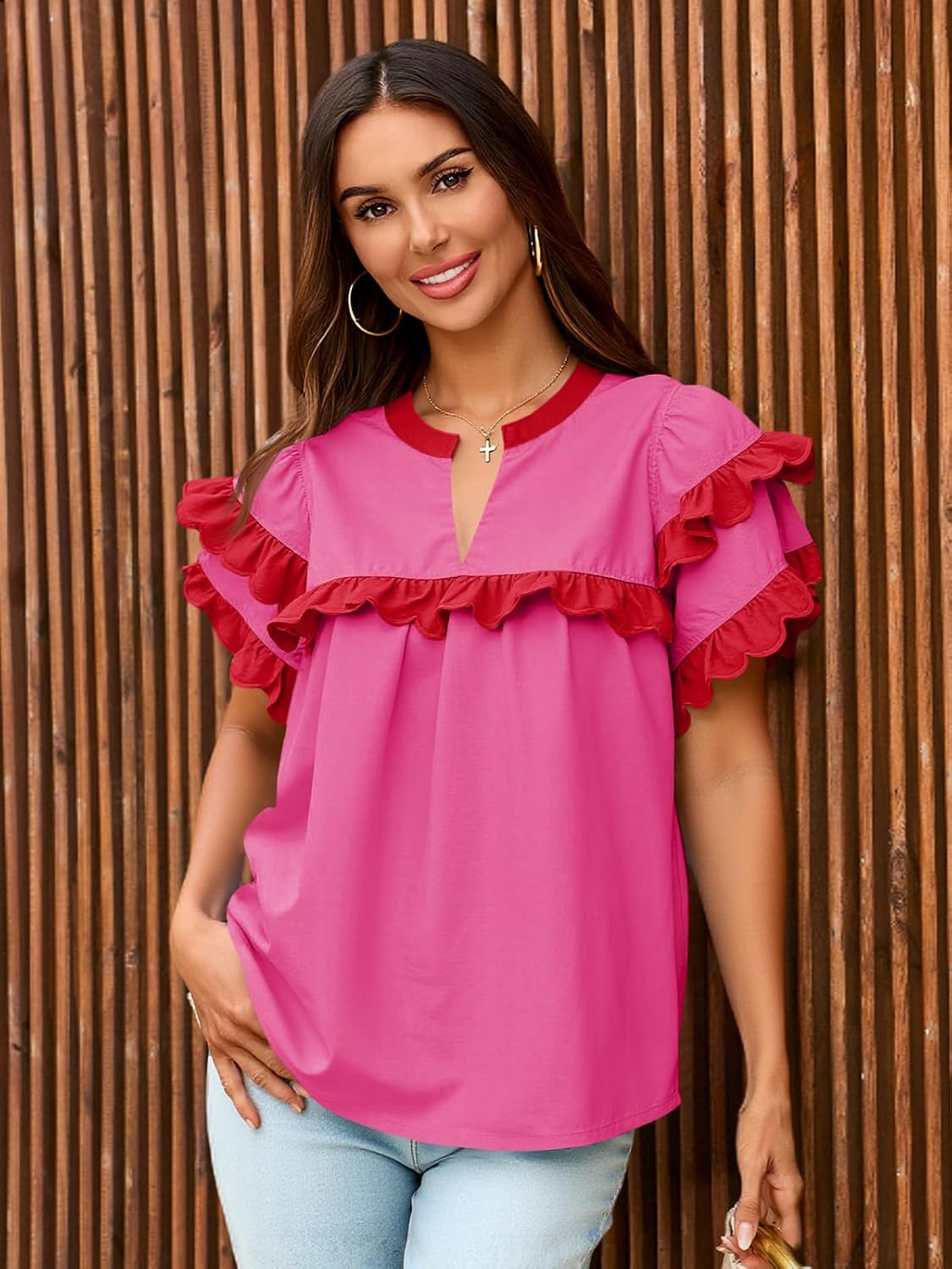 Tankaneo Womens Ruffle Sleeve Babydoll Tops Color Block Summer V Neck Pleated Blouse Dressy Casual Loose Fit Shirts - Image 5