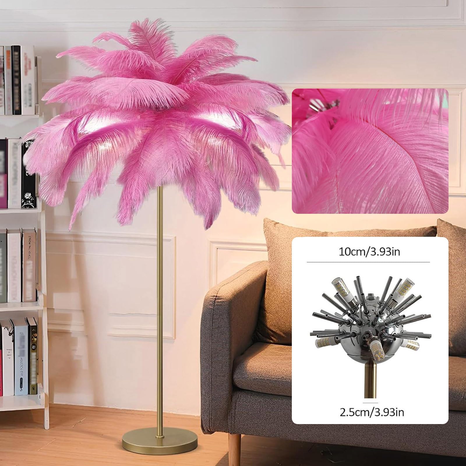 ANram Veer vloerlamp 160 cm met G4-led-lamp, staande lamp met veer en voetschakelaar, elegante struisvogel natuurlijke veren vloerlamp voor slaapkamer, woonkamer roze