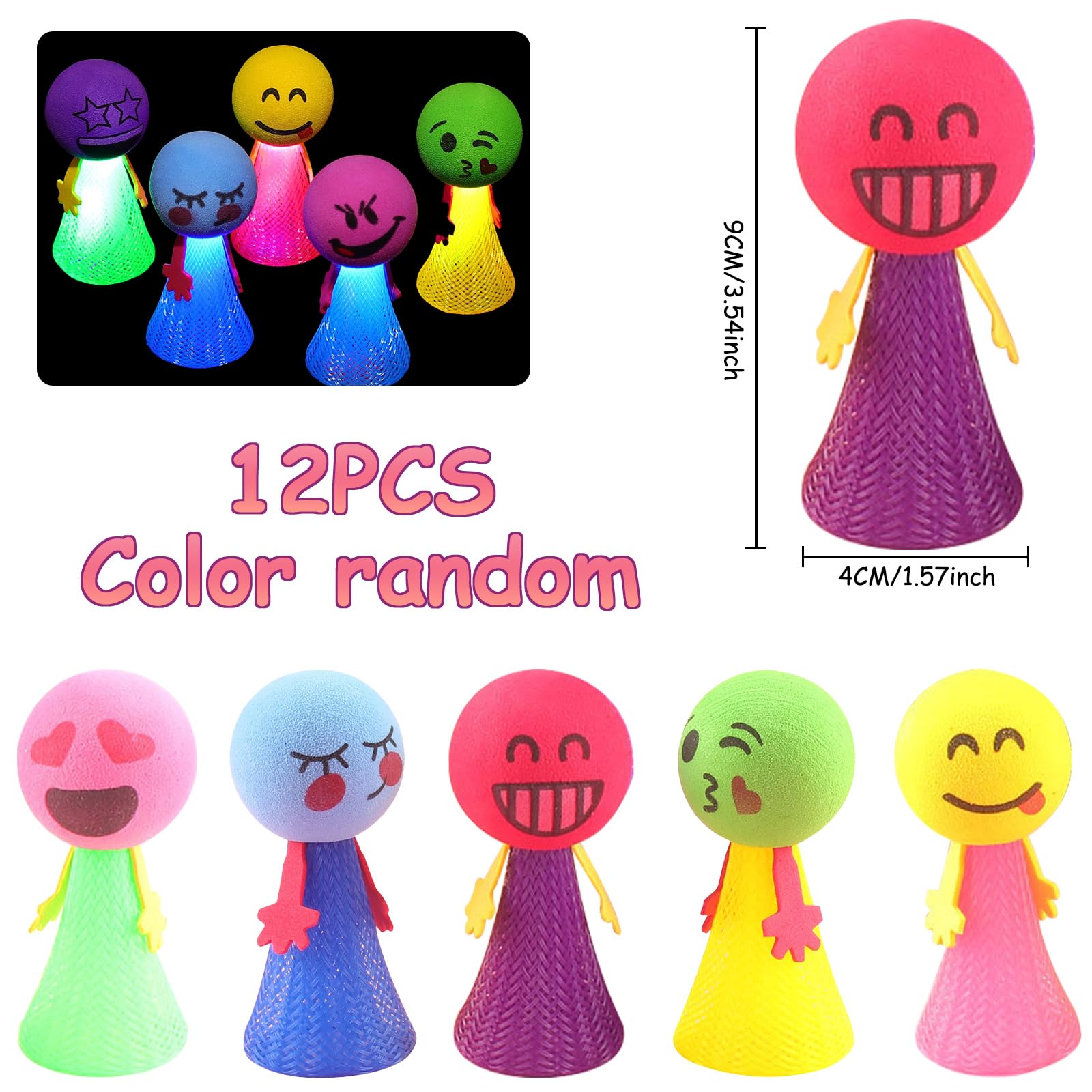 12 Jouets Rebondissants LED – Emojis Lumineux Clignotants – Pour Fêtes, Sacs D'anniversaire, Décorations
