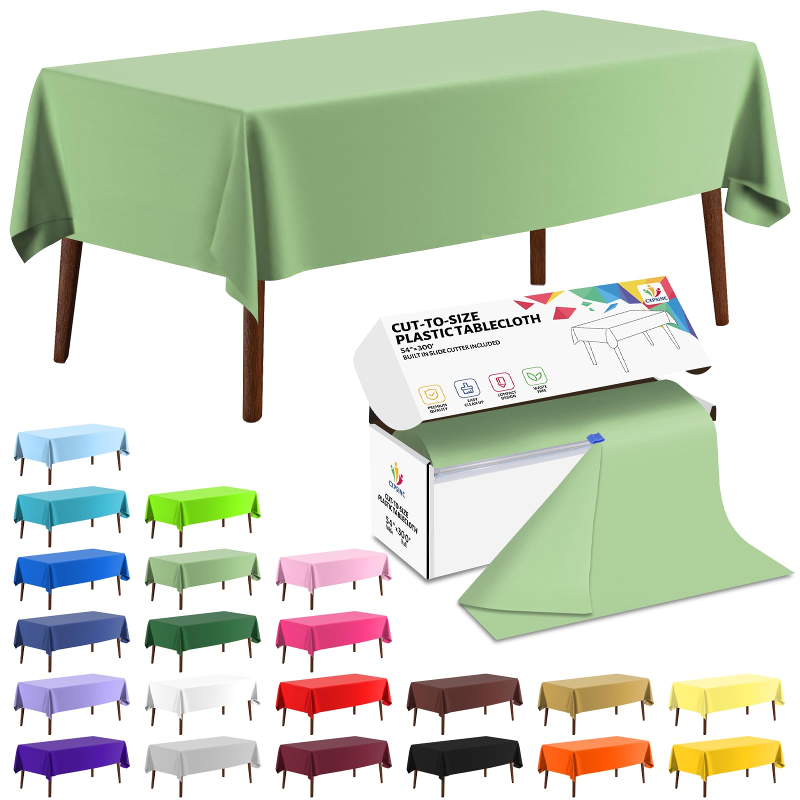 CXPSINC 54 Inch X 300 Feet Plastic Table Cover Roll Disposable Tablecloth with Slide Cutter for All Type/Shape Tables | Picnic, Party, Banquet, Birthdays, Weddings (Sage Green, 300 Feet) — image 1