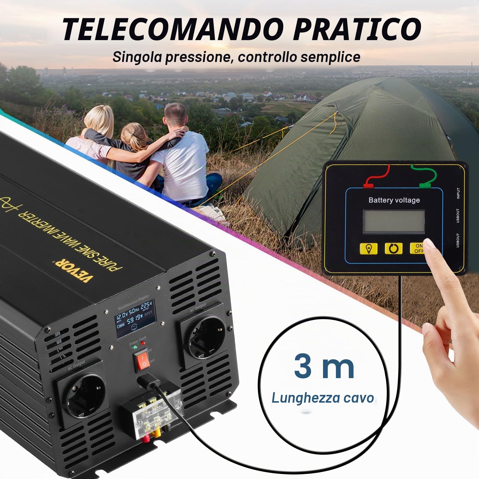 VEVOR Invertitore a Onda Sinusoidale Pura, 5000 W Invertitore di Potenza, DC 12 V a AC 230 V Invertitore per Auto con Schermo LCD Porta USB, Telecomando, per Camper Sistema Solare Viaggio Campeggio