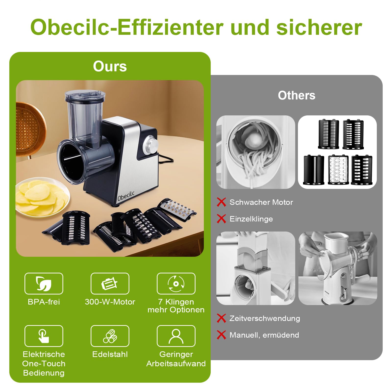 Rallador de queso eléctrico mejorado con 300 W de potencia y 7 cuchillas de acero inoxidable, procesador de alimentos de un botón para cortar, rallar y moler queso, verduras, frutas y frutos secos – f