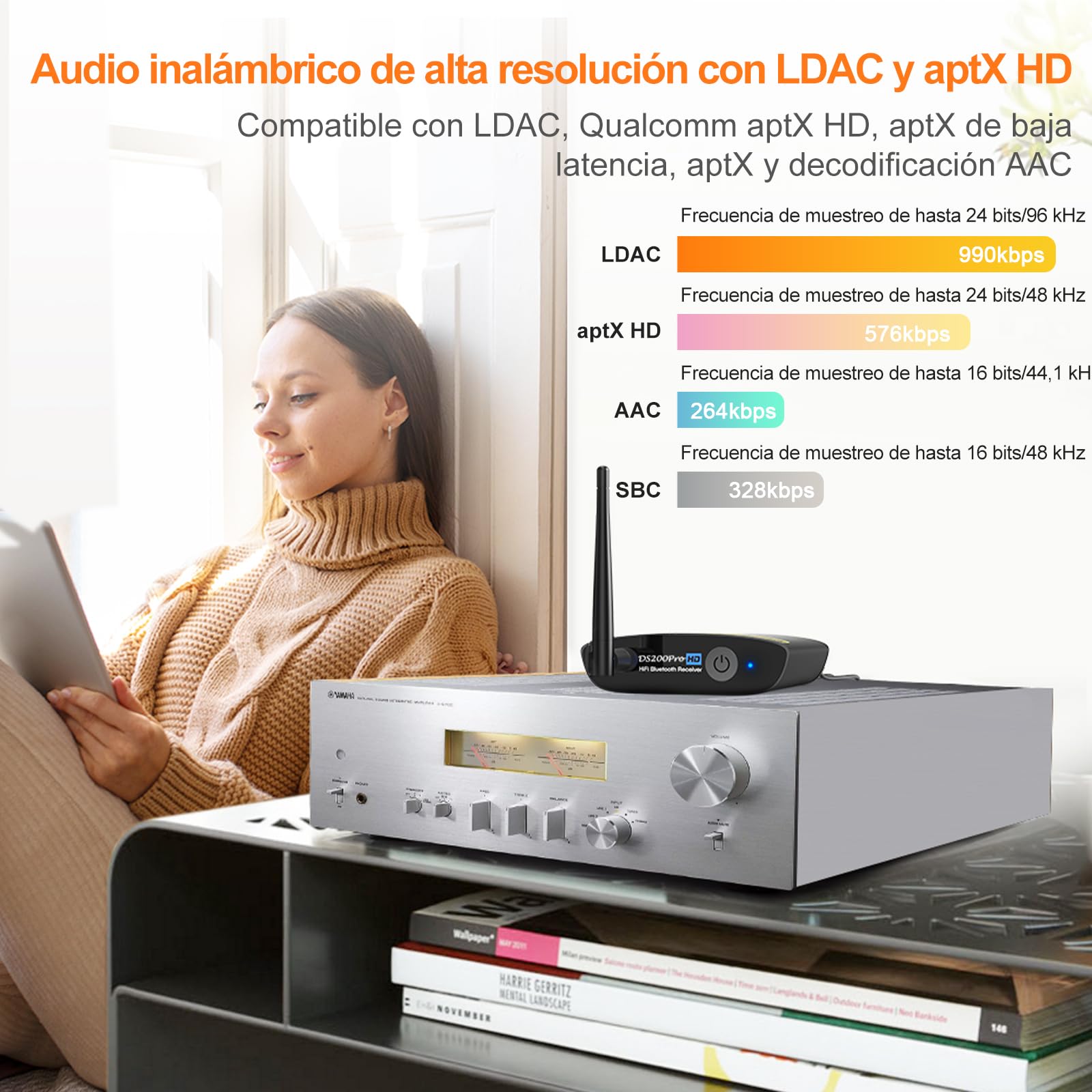 1Mii DS200Pro Receptor Bluetooth 5.3 HiFi para Estéreo, Adaptador Audio Bluetooth DAC de Audiófilo, Hi-Res, aptX HD, LDAC, Salida RCA/Opt para Home Cinema, Receptor AV o Amplificador