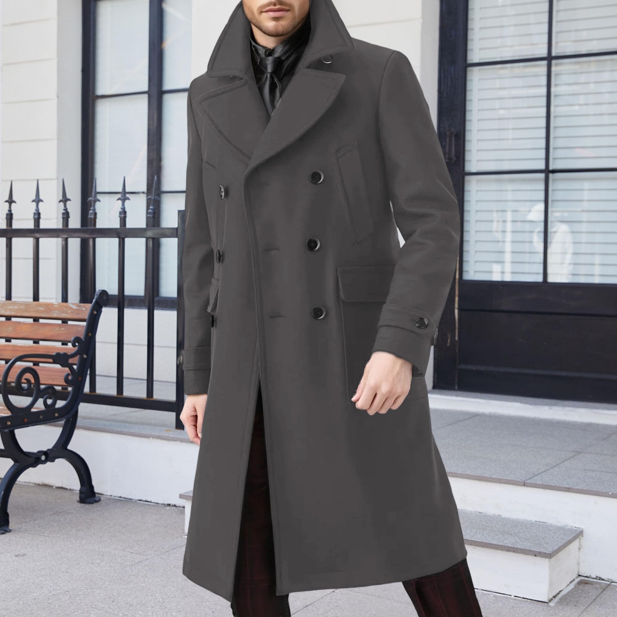 Trench da uomo con revers a lancia, doppiopetto, casual, lungo, soprabito, caldo, primaverile, invernale, giacca lunga