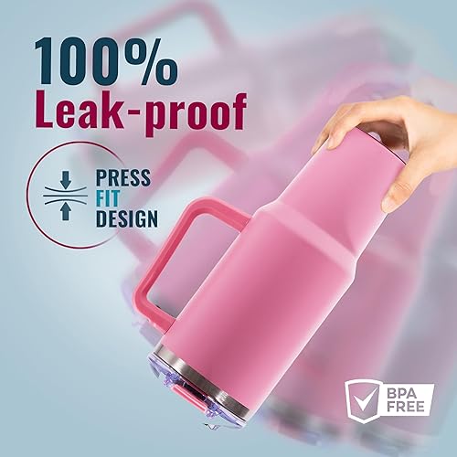 Miniatura 3 de LEHA - Vaso de 40 onzas con asa y popote de metal, aislado al vacío con tapa Stronghold, hecho de acero inoxidable, mantiene las bebidas frías