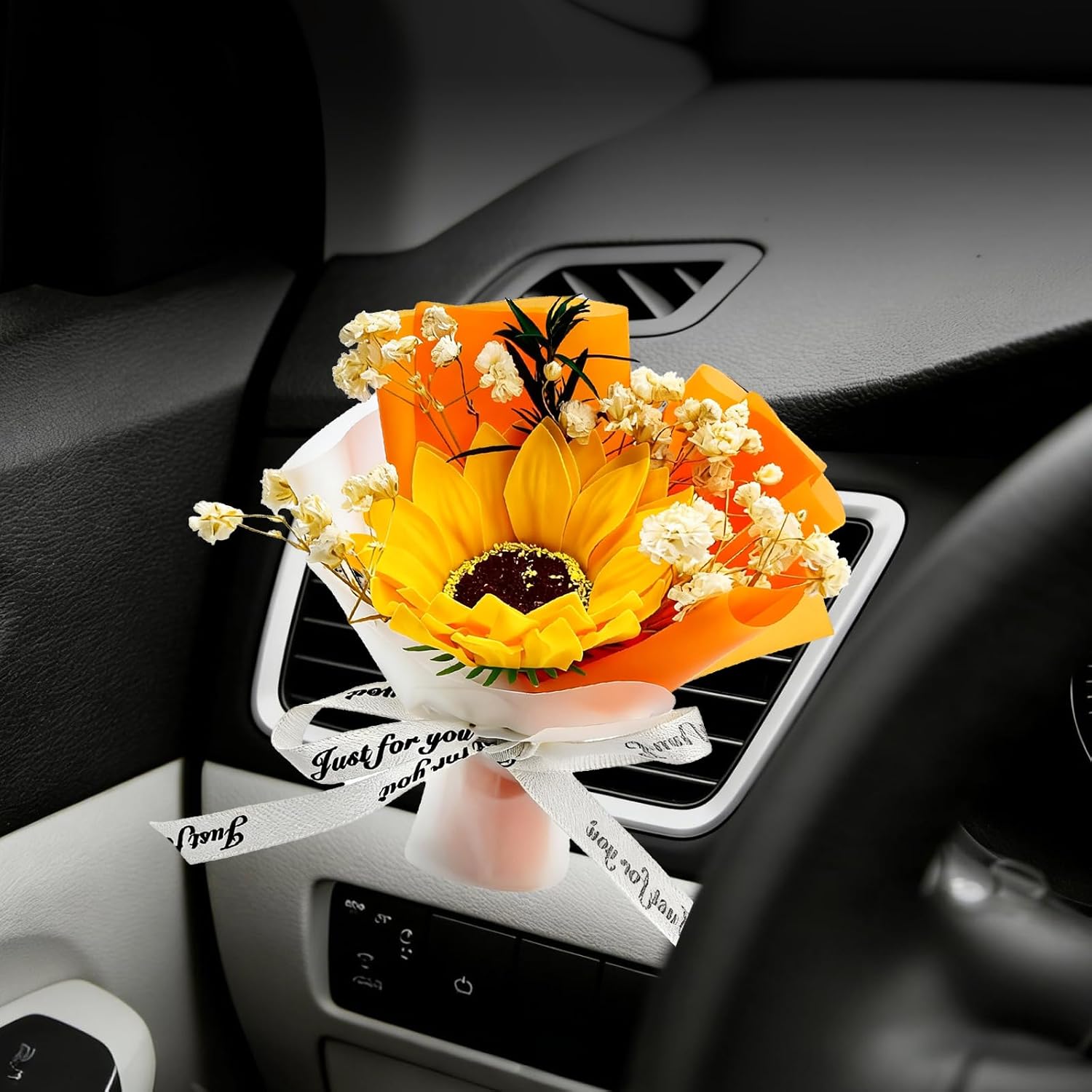Yellow Sunflower Flower Bouquet Car Air Freshener Vent Clips, Mini Cute Dried Flowers Bouquet for Car Air Vent Decor, Universal Car Accessories Gift for Men & Women