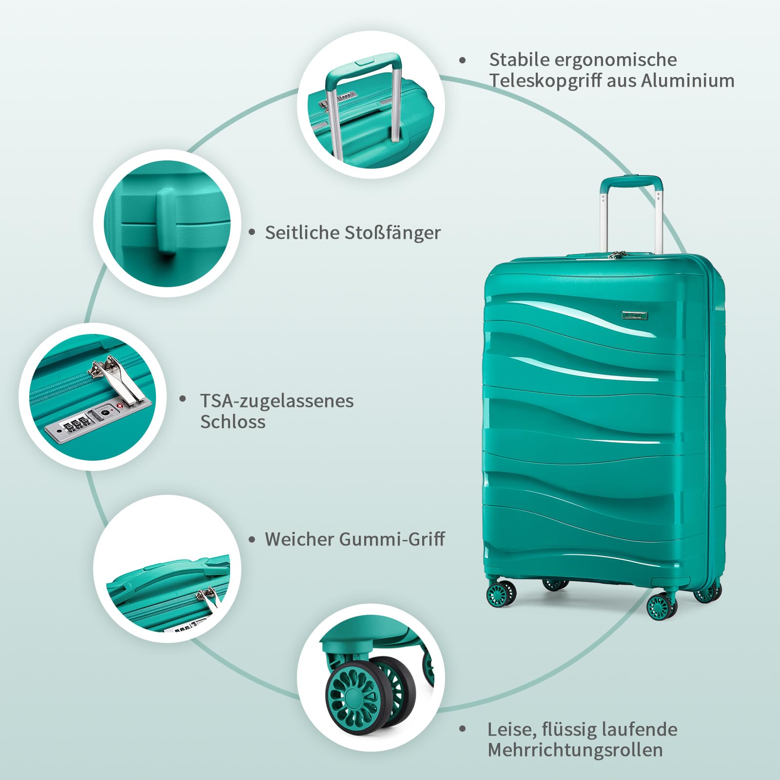 KONO Gepäckset 2-teilig Handgepäck Koffer Trolley 55cm + Kosmetikkoffer aus Polypropylen Hartschale, Koffer mit 4 Rollen und TSA Schloss (Grün)
