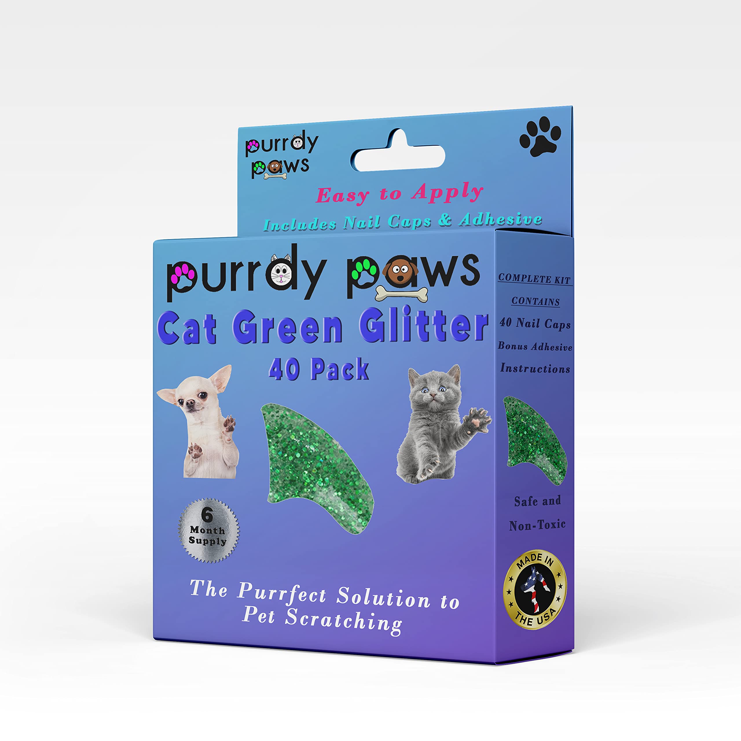 6 Month Supply Soft Nail Caps for Cats Green Glitter Small - Extra Adhesives