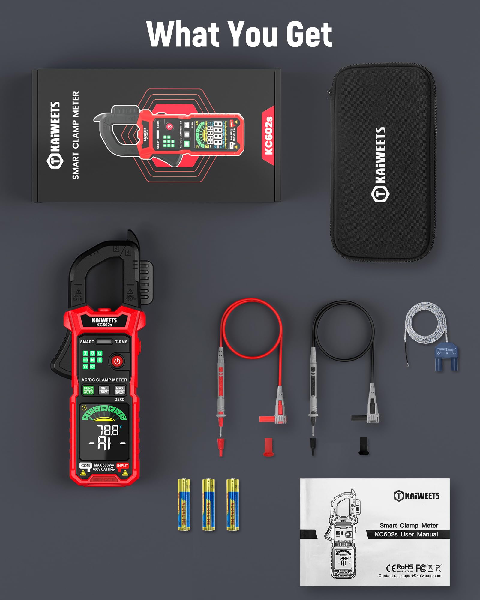 KAIWEETS Zangenmessgerät AC/DC Zangenmultimeter mit Auto-Modus, True RMS, NCV-Erkennung, Einschaltstrom, Frequenz, 6000 Counts Digitalmultimeter KC602s
