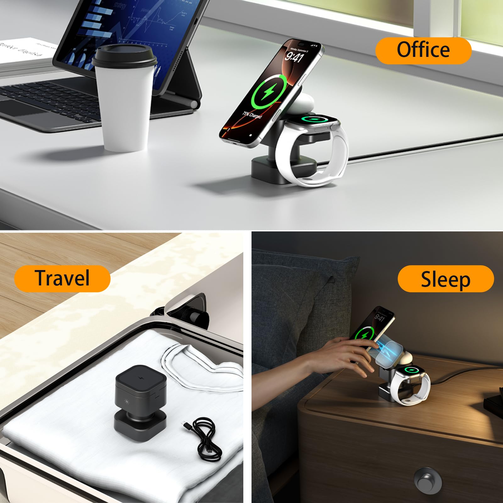 Station de Recharge magnétique sans Fil 4 en 1 pour Apple, Chargeur Rapide Pliable 15W avec veilleuse réglable, Support de Recharge sans Fil en pour iPhone 17/16/15/14/13/12, Apple Watch et AirPods