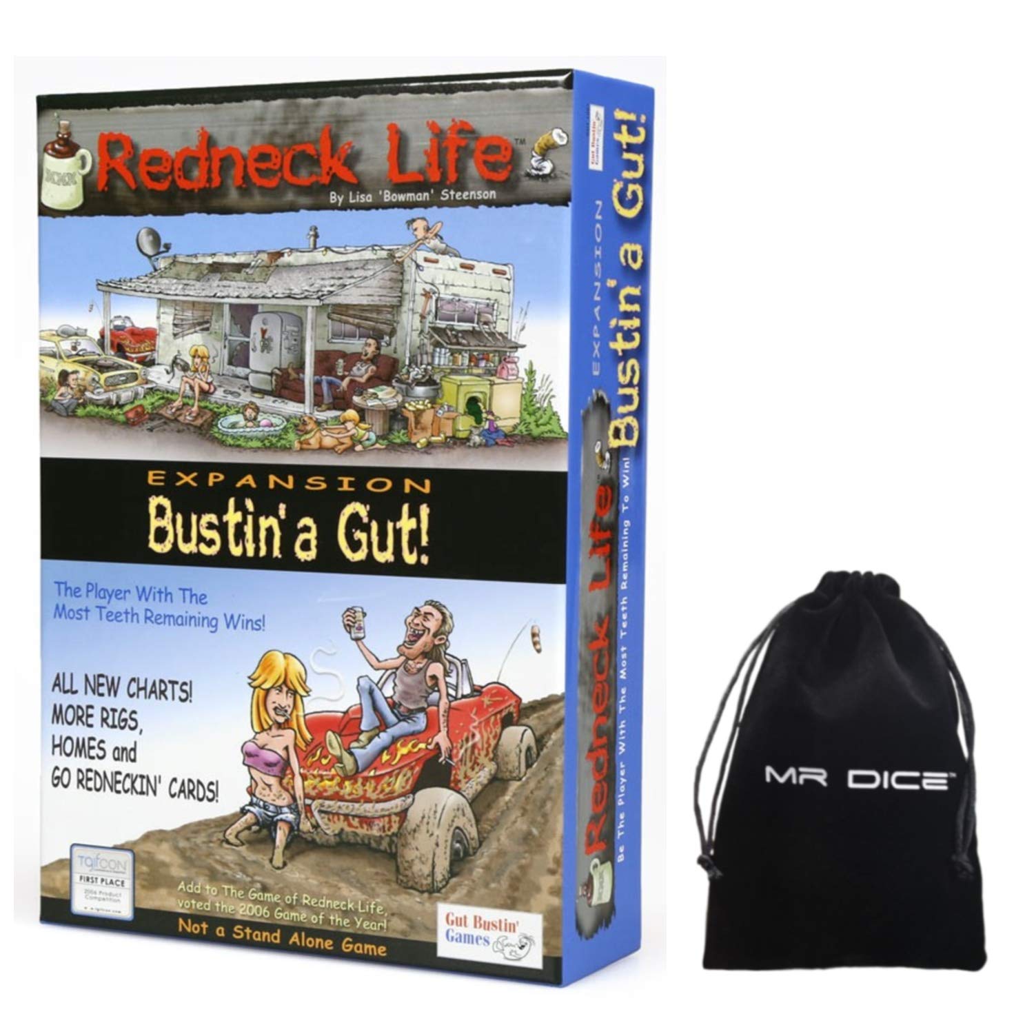 Redneck Life Expansion: Bustin' A Gut! Board Game Bundle with Mr Dice Drawstring Bag