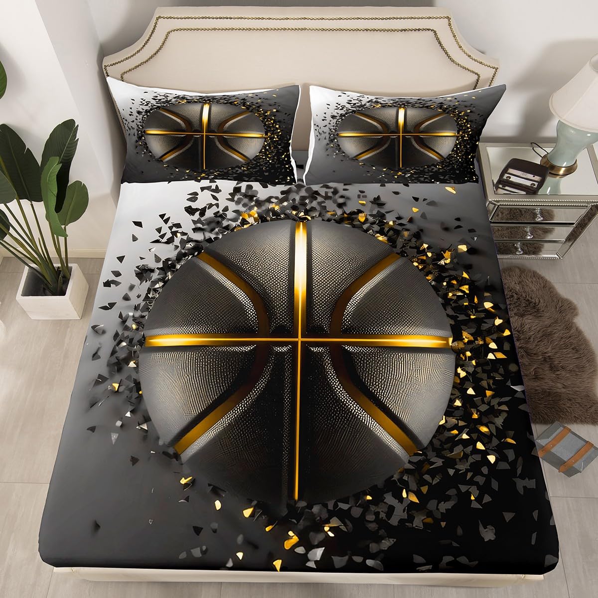 Feelyou Kids Boys Basketball Cool Sheet Set Full Size Sport Ball Theme Bed Sheets for Adult Teens 3D Print Bed Set Black Gold Glitter Print Sheets 4Pcs,1 Fitted Sheet+2 Pillow Sham+1 Flat Sheet