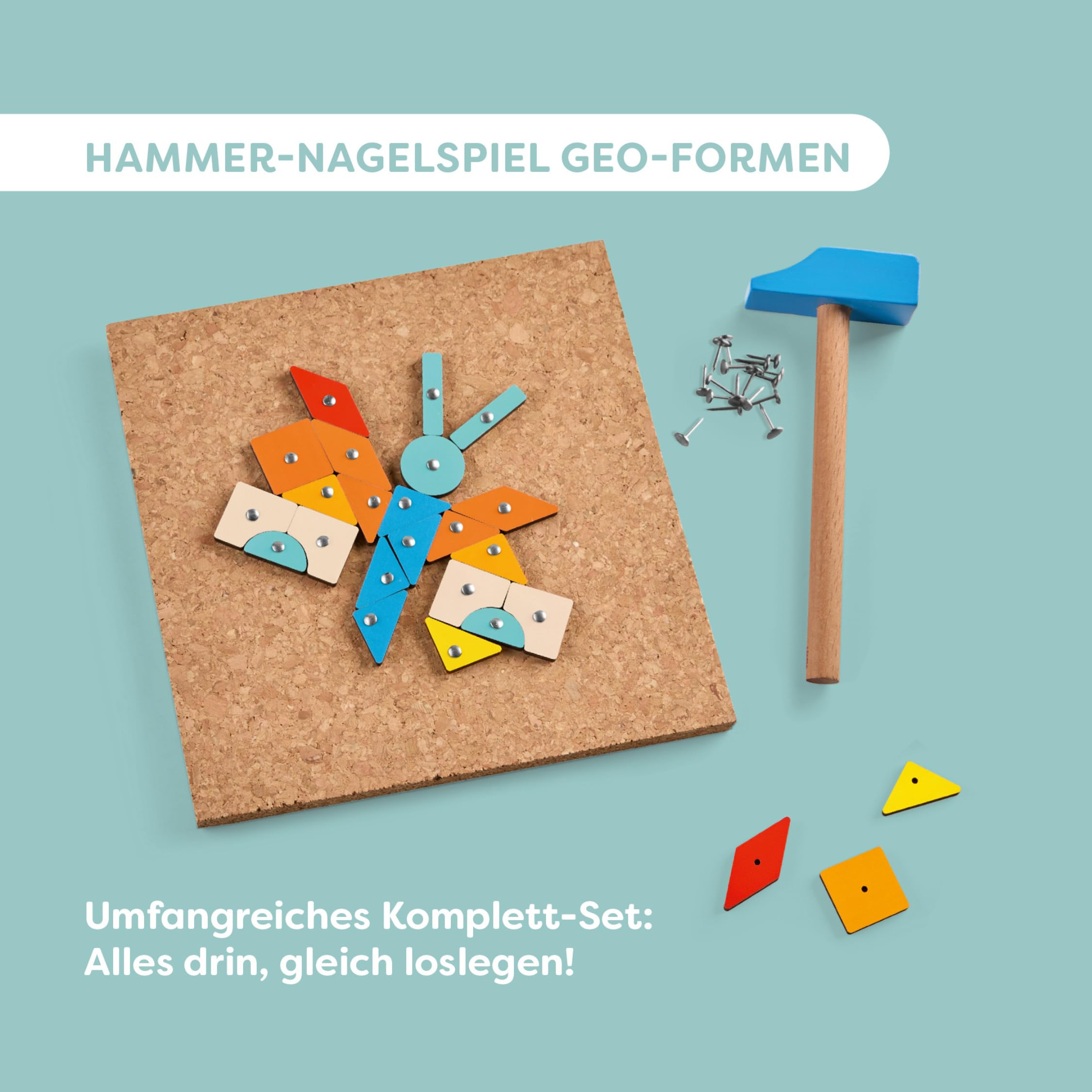 HABA Hammer-Nagelspiel: Geo-Formen – Holzspielzeug mit Hammer und Nägel für Kinder ab 3 Jahren – Kreativspielzeug mit Korkplatte & Vorlagen – 2013791001