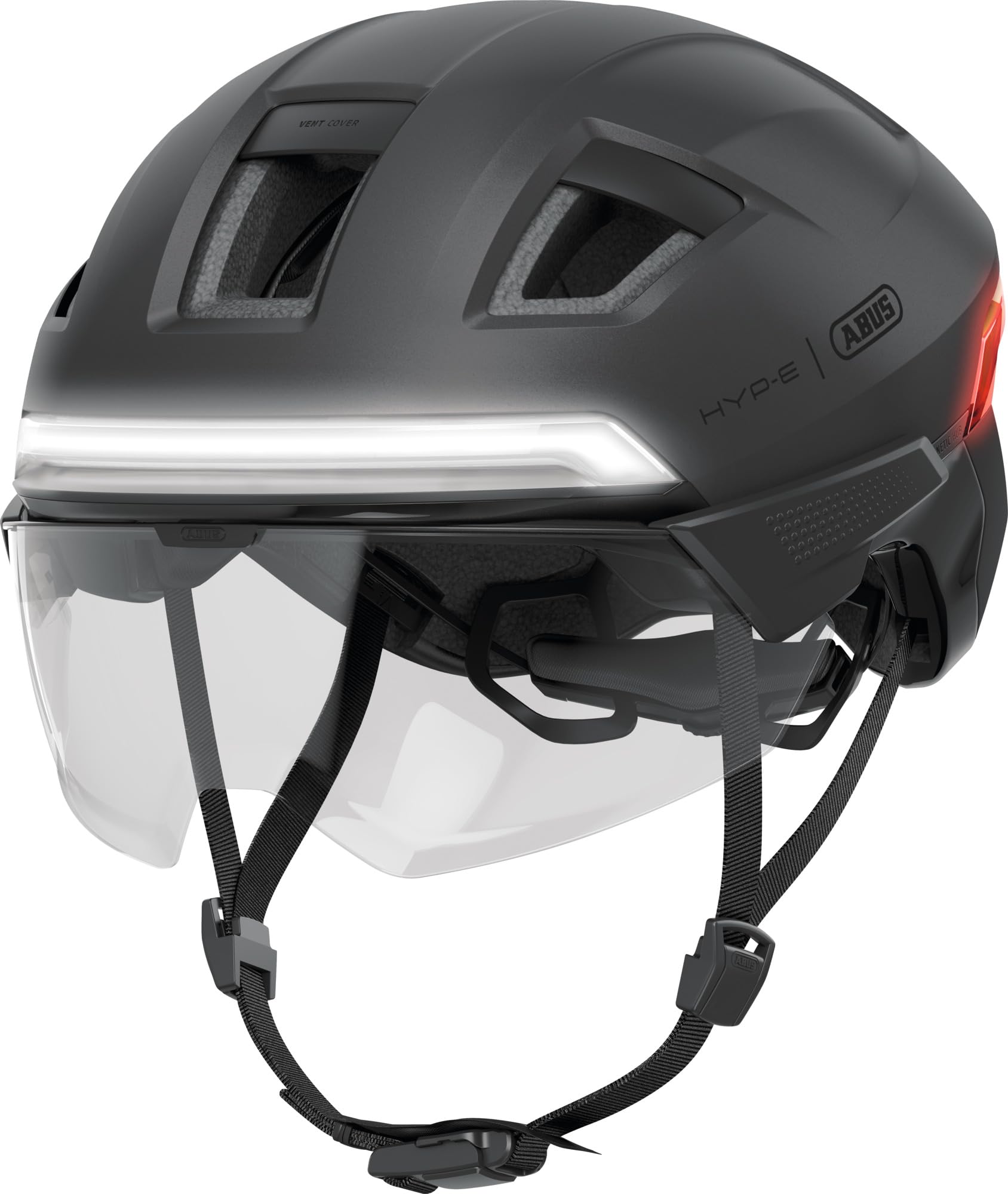 ABUS HYP-E Ace Bike Helmet - with Front Light, Rear Light and Indicator Light - with Visor and Earmuffs - Also Suitable for e-Bikes and S-Pedelecs - for Men and Women - Size S, Silver