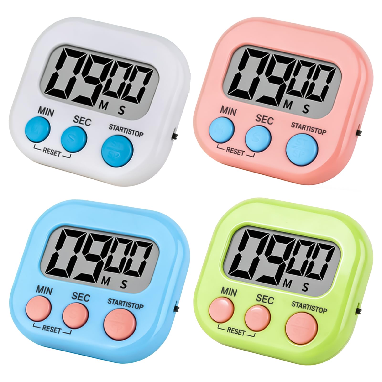 4 Pcs Kitchen Timer, Digital Timer, Magnetic Countdown Stopwatch with LCD Display, Multi-Function Cooking Timer with Stand for Study, Classroom, Gym, Brushing Teeth, Home (Blue White Pink Green)