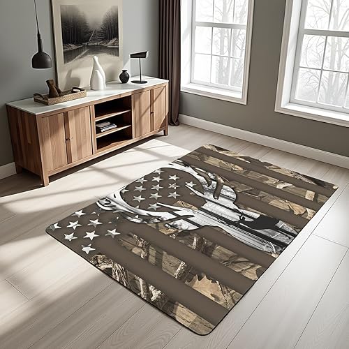 Deer Silhouette Area Rug 5x6'6'' Camouflage USA American Flag Decor Non Shedding Rug for Kids Teen Adults Camo Tree Plant Rustic Decorative Carpet for Playroom Bedroom Dining Room