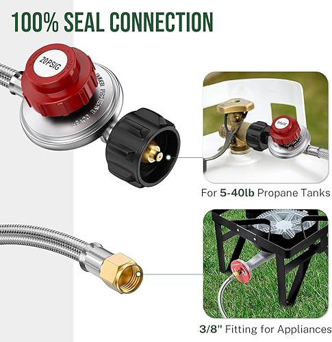 Miniatura 4 de Regulador de propano de 4 pies con manguera, regulador de tanque de propano ajustable de alta presión, QCC1 y hembra de 3/8 pulgadas, manguera de