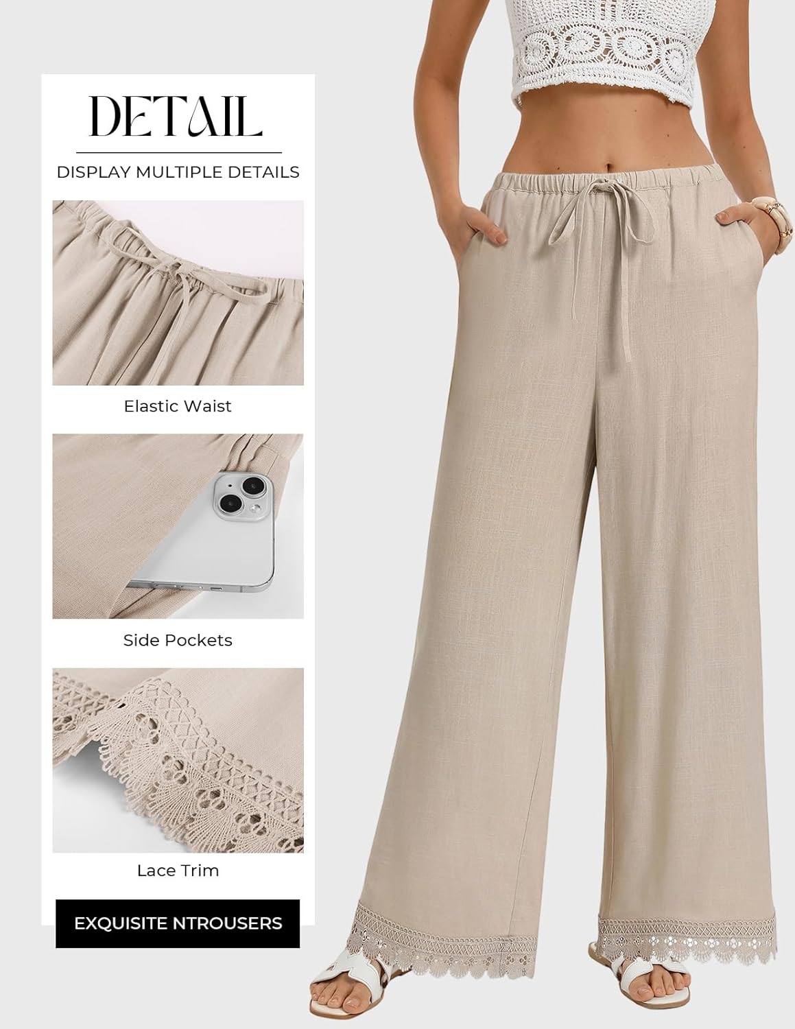 GRACE KARIN Women Linen Pants Wide Leg Casual Palazzo Pants Flowy Beach Summer Trousers Pants with Pockets - Image 3