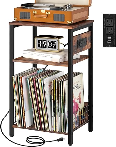 Yoobure Soporte para tocadiscos, mesa auxiliar de 3 niveles con estación de carga, mesita de noche pequeña para almacenamiento de vinilo, mesita de