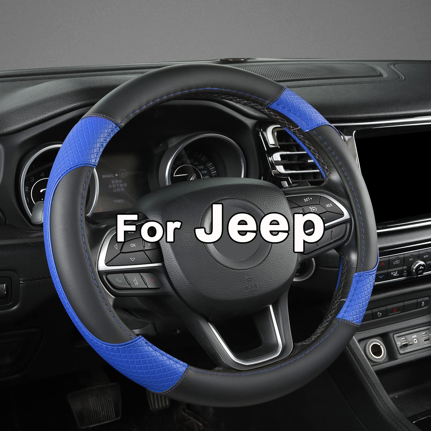 GIANT PANDA Steering Wheel Cover for Jeep Wrangler, Car Steering Wheel Cover for Jeep Grand Cherokee and Cherokee - Black+Blue