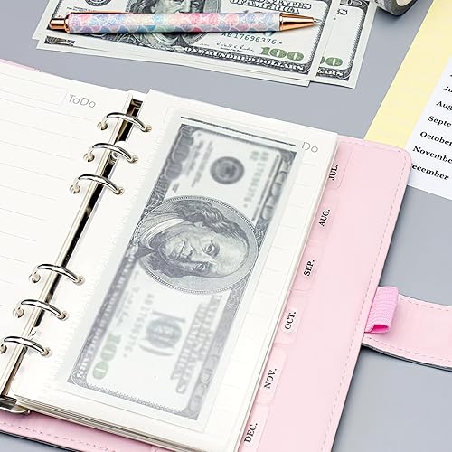 Miniatura 5 de Juego de 2 separadores de carpetas A6 con bolsillos y pestañas, sobres transparentes para dinero en efectivo, bolsa tipo cartera sin cremallera y 2