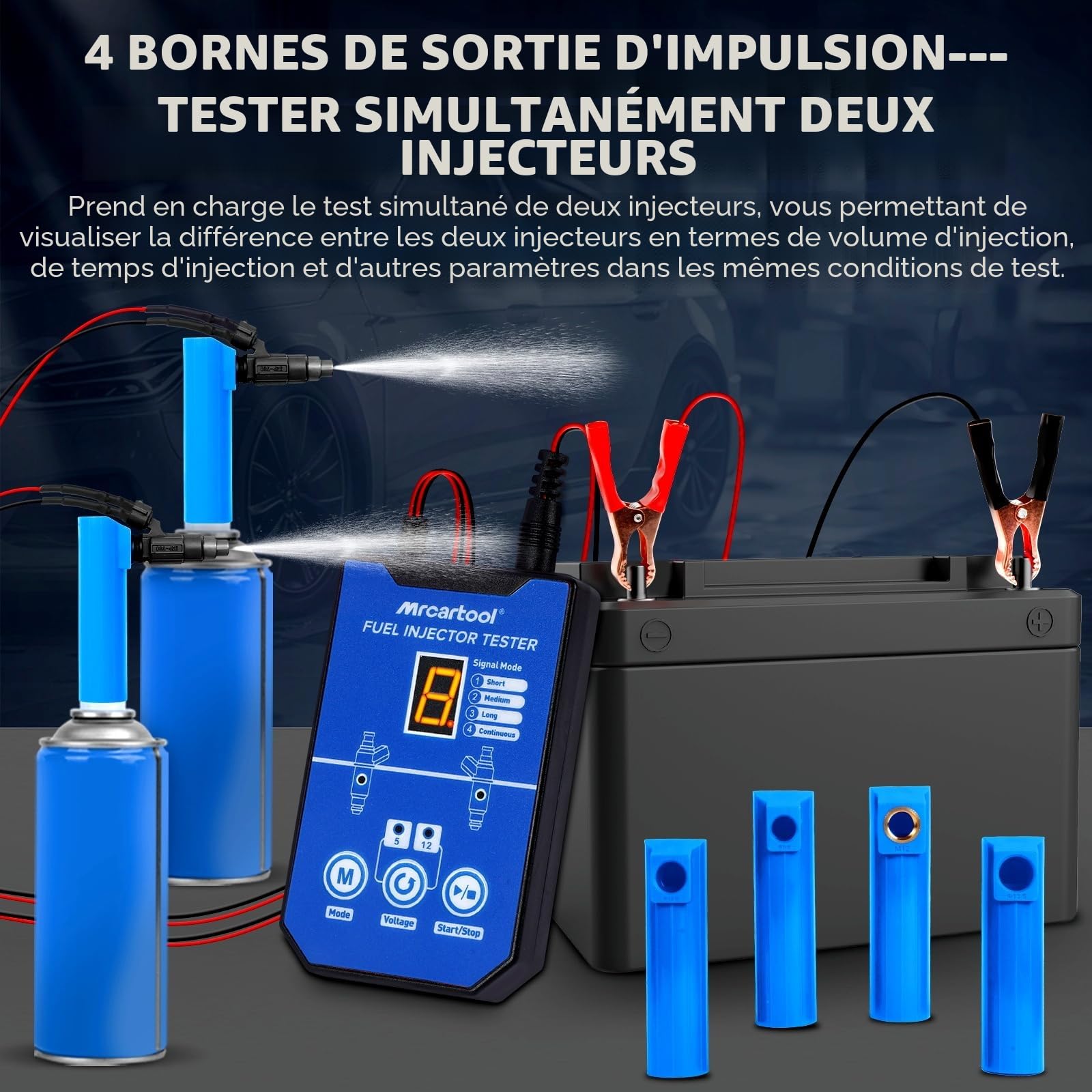 MRCARTOOL Testeur d'injecteur de carburant pour voiture 12 V Testeur d'injecteur de carburant avec 6 buses pour injecteurs 5 V 12 V EFI GDI 8 modes d'impulsion Kit de nettoyage d'injecteurs Double