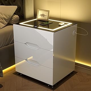 White Smart Nightstand with Wireless Charging Station & Adjustable LED Lights, High Gloss End Table with 3 Drawers & USB Charging, Bedside Table Organizer for Bedroom Use
