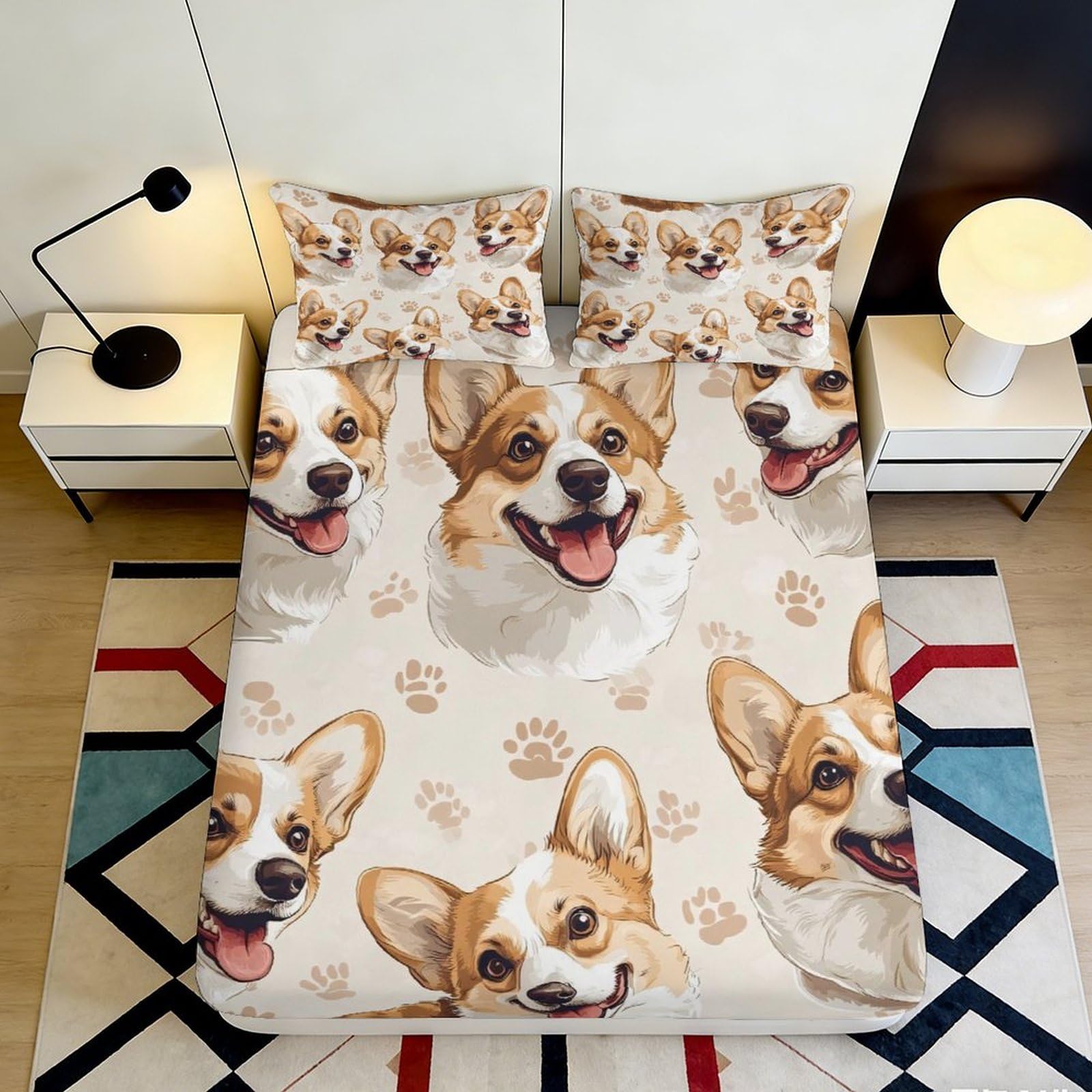 3D Printed Corgi Dog Fitted Sheet Microfiber Soft Breathable Paw Print Bed Cover Bedroom Decor Mattress Protection 90x200x25cm