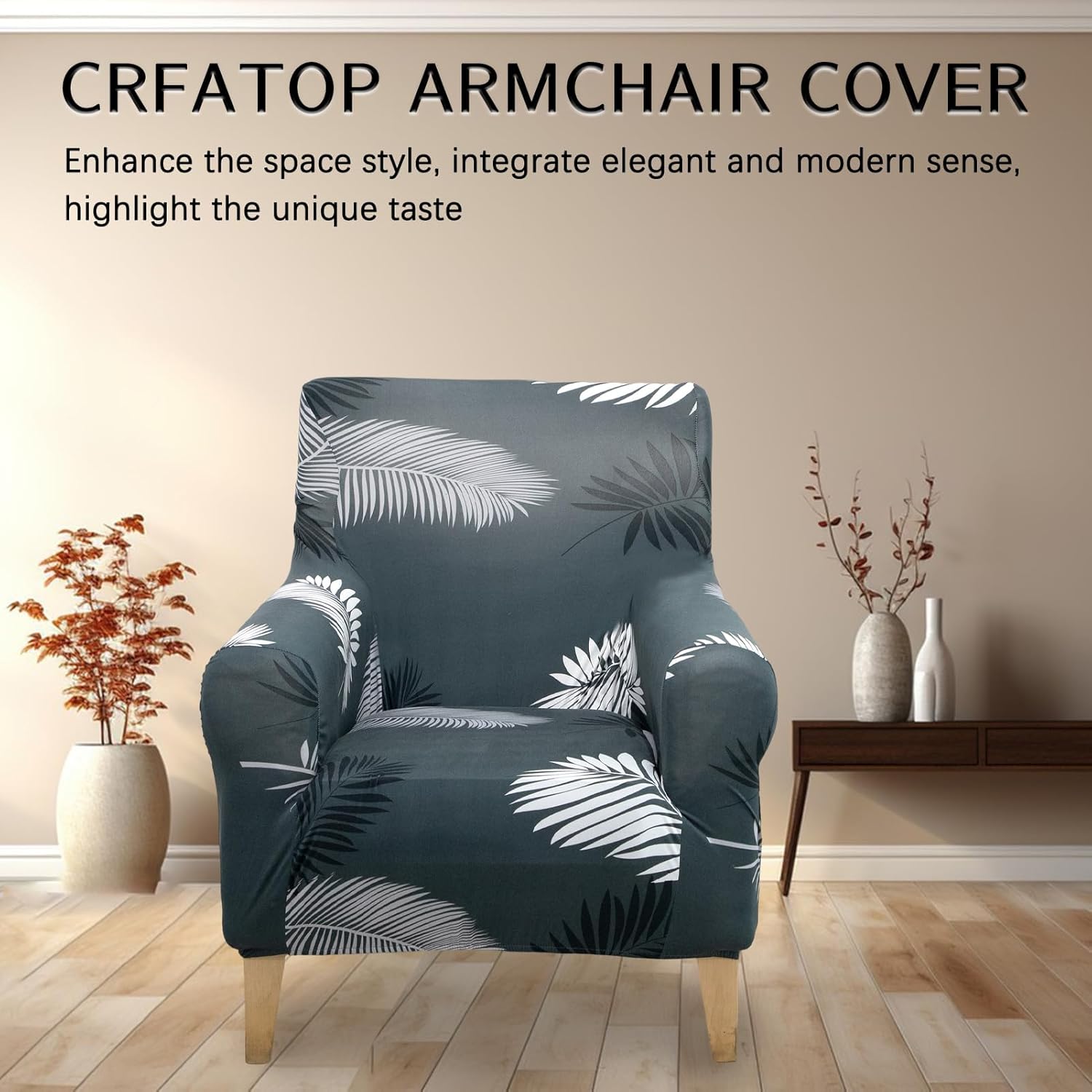 Modern Armchair Slipcover Elastic Printed 1-Piece Single Sofa Covers Stretch Couch Chair Cover for Living Room Washable Furniture Protector(Black Feather)