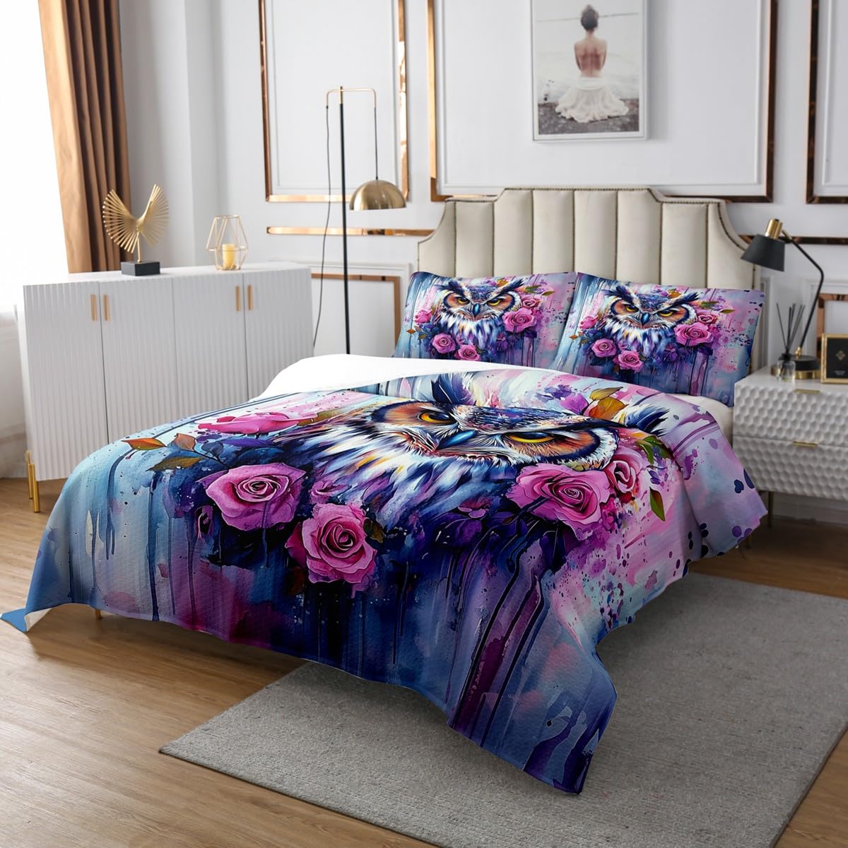 Owl Pattern Lightweight Quilt Set for Kids Teens,Pink Rose Bedspread Coverlet,Watercolor Graffiti Bed Cover Owl queen quilt Decorative Quilted 2 Piece Coverlet Set with 1 Pillow Sham,Twin Size