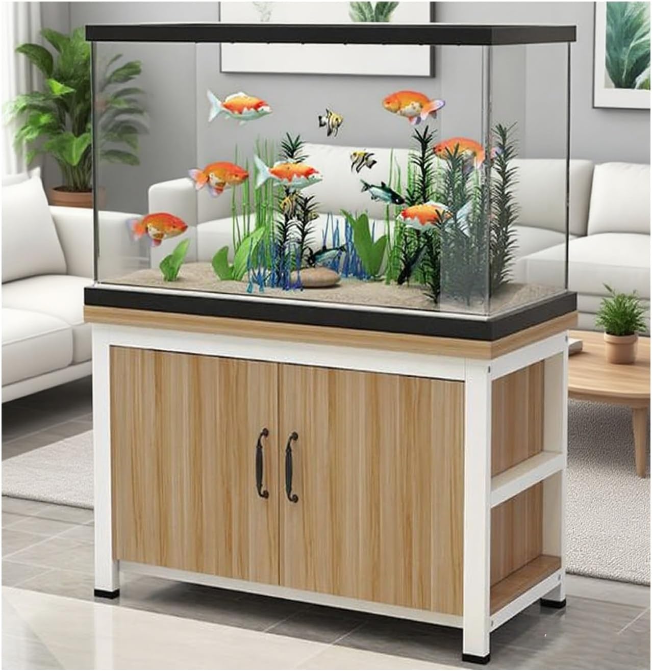 Aquarium Cabinet Black Wooden Aquarium Cabinet Metal Aquarium Stand Table Fish Tank Rack With Shelf Double-Layer Storage Design For Living Room, Home Office(Light walnut,70*35cm)
