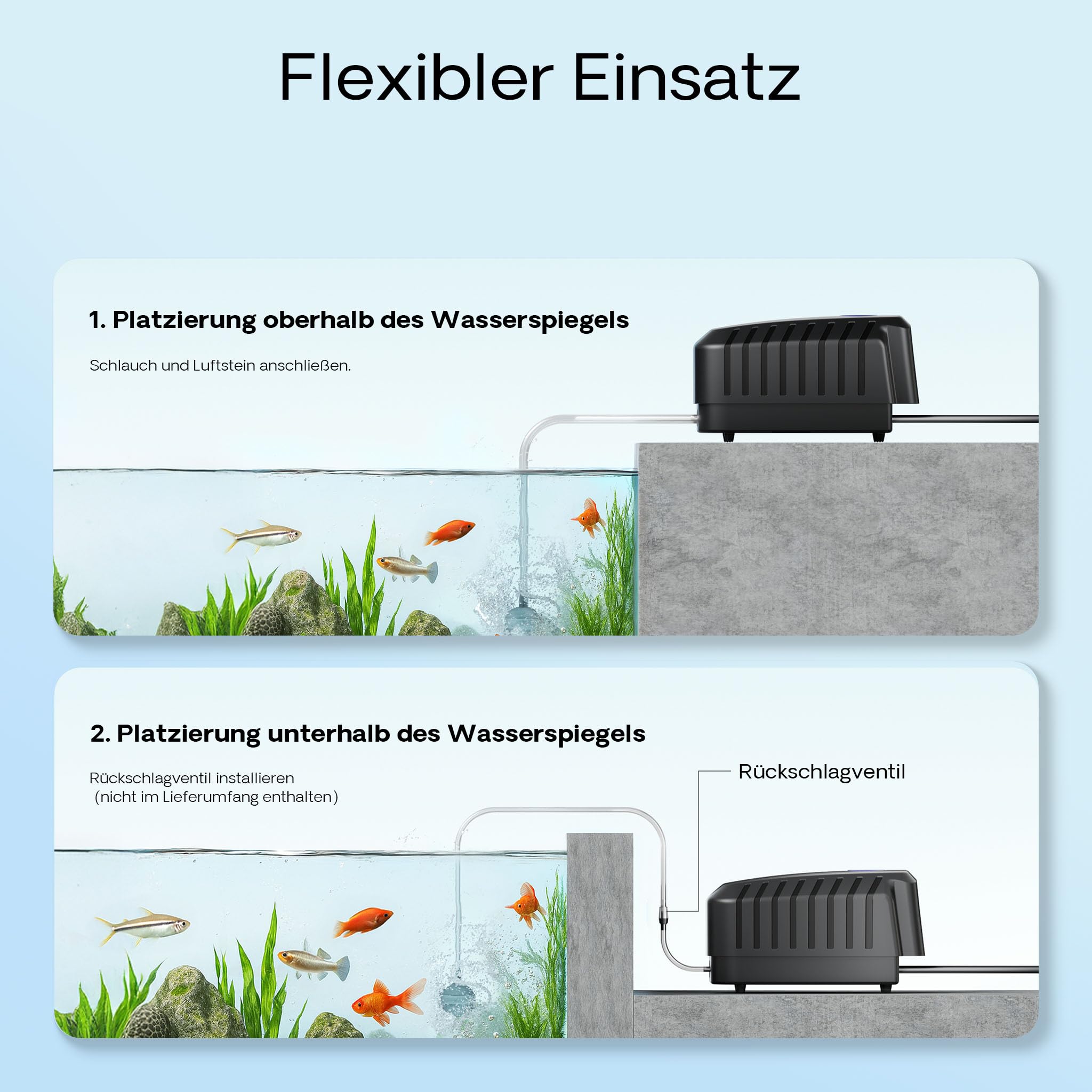 SunSun Cap Sauerstoffpumpe, Luftpumpe für Aquarium und Gartenteich, Teichbelüfter mit Luftausgängen, Belüftungspumpe mit Luftstein und Rückschlagventil