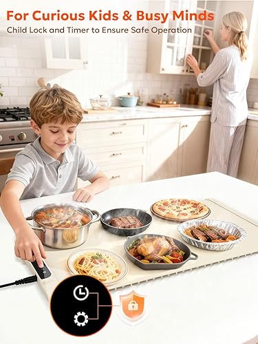 Miniatura 7 de FZF - Tapete de calentamiento eléctrico, calentador de alimentos portátil de calentamiento rápido para fiestas, buffet con temporizador de 0.5 a 10