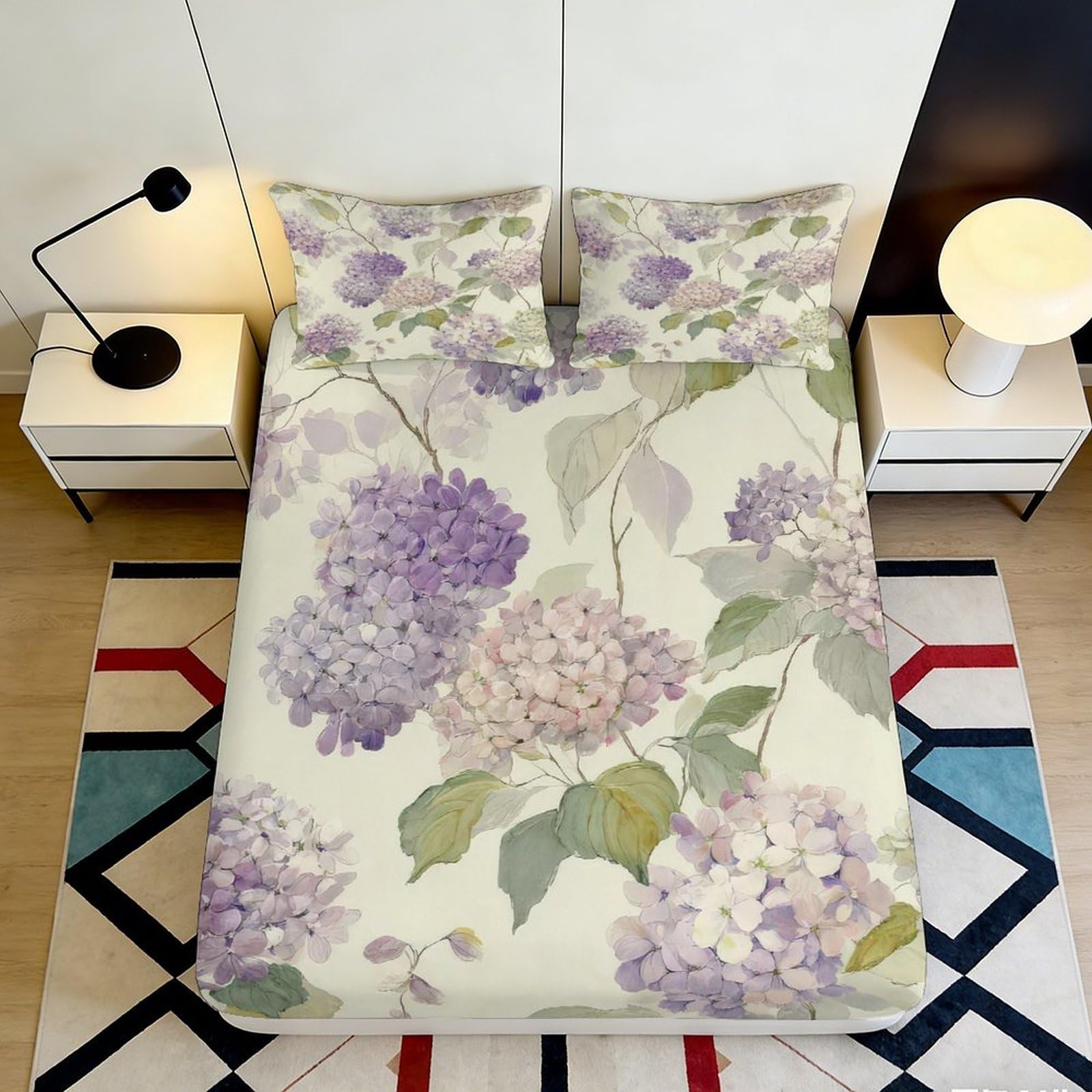 3D Printed Hydrangea Fitted Sheet Microfiber Soft Breathable Floral Bed Cover for Bedroom Dormitory Guest Room Mattress Protection Home Decor 160x200x25cm