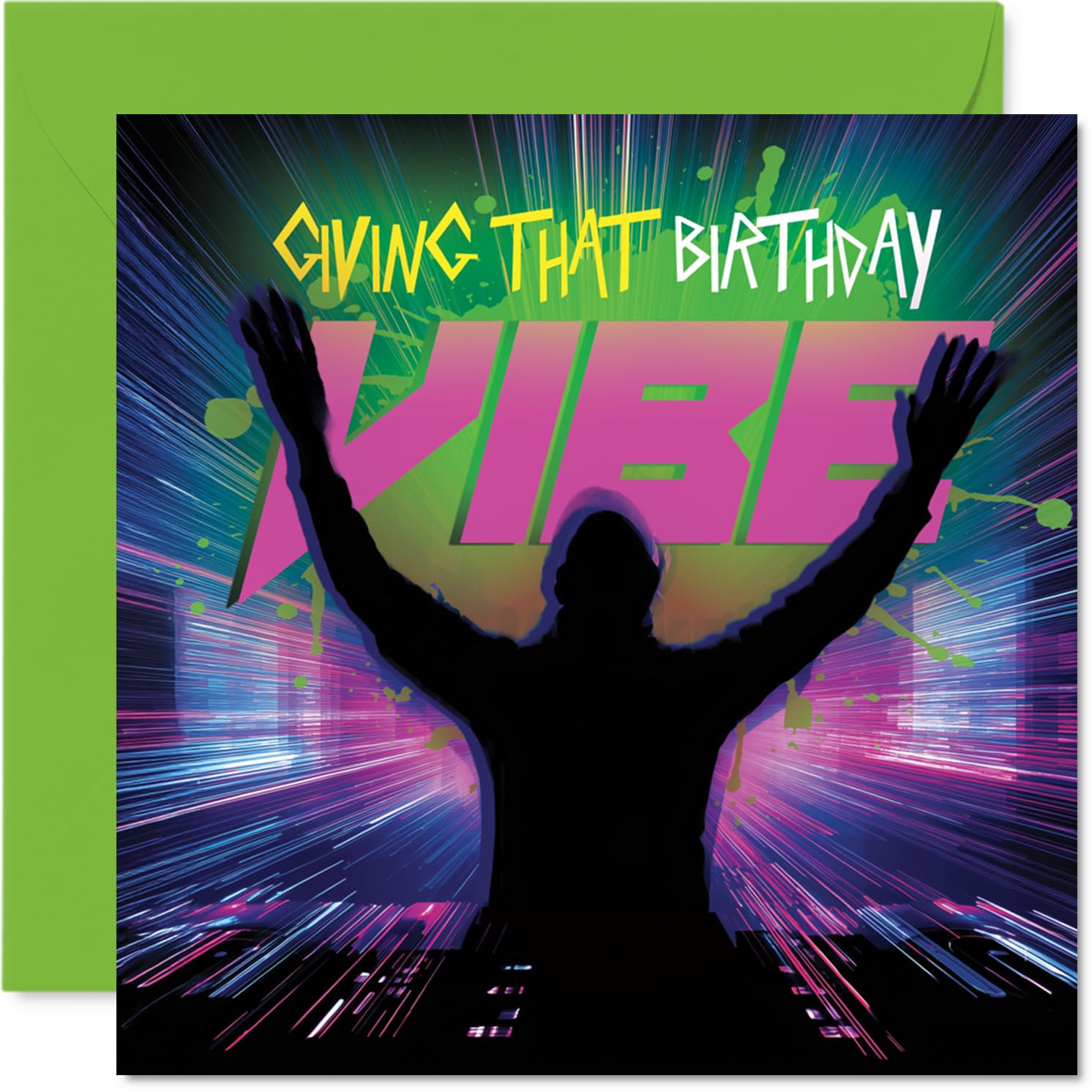 Playful Birthday Card - Birthday Buzz in Neon - Vibrant Party Silhouette with Bold Colours - Guaranteed to Lift Their Spirits - 145mm Square, Envelope Included