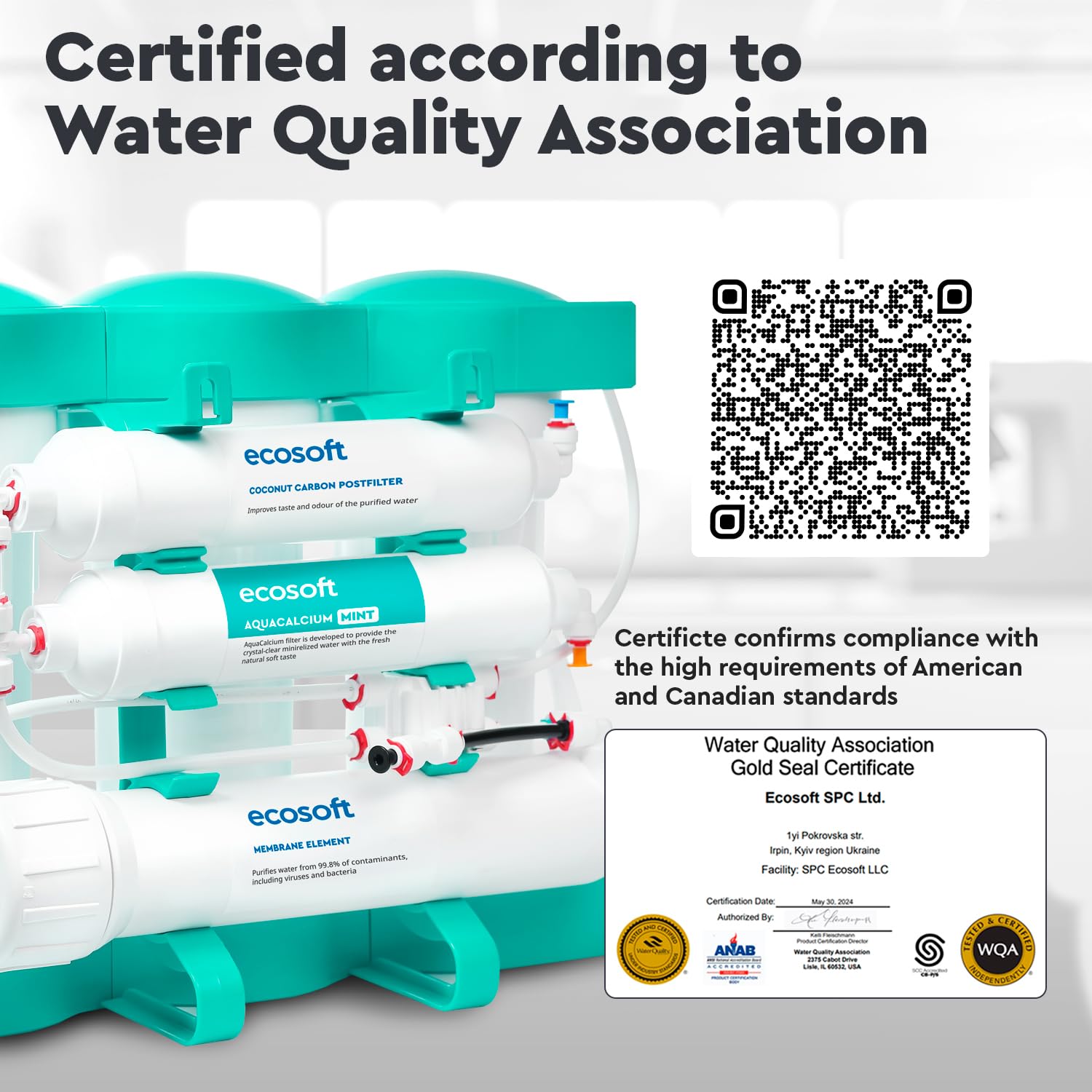 Ecosoft P'URE AquaCalcium Mint Filtre à osmose inverse pour la maison, filtre 99 | 8 purcent des polluants de l'eau | minéralise l'eau potable avec du calcium | avec réservoir d'eau