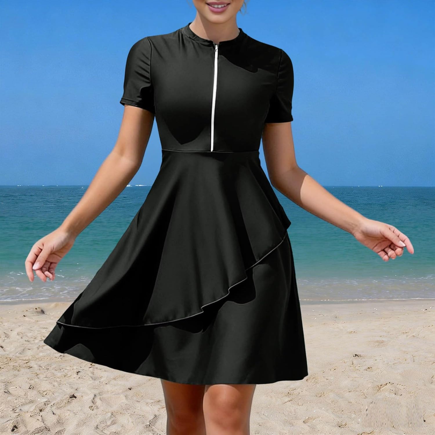 HGps8w Women's Short Sleeve Rash Guard Zipper Front Two Pieces Swimsuits Full Coverage Modest Swimwear Bathing Suits