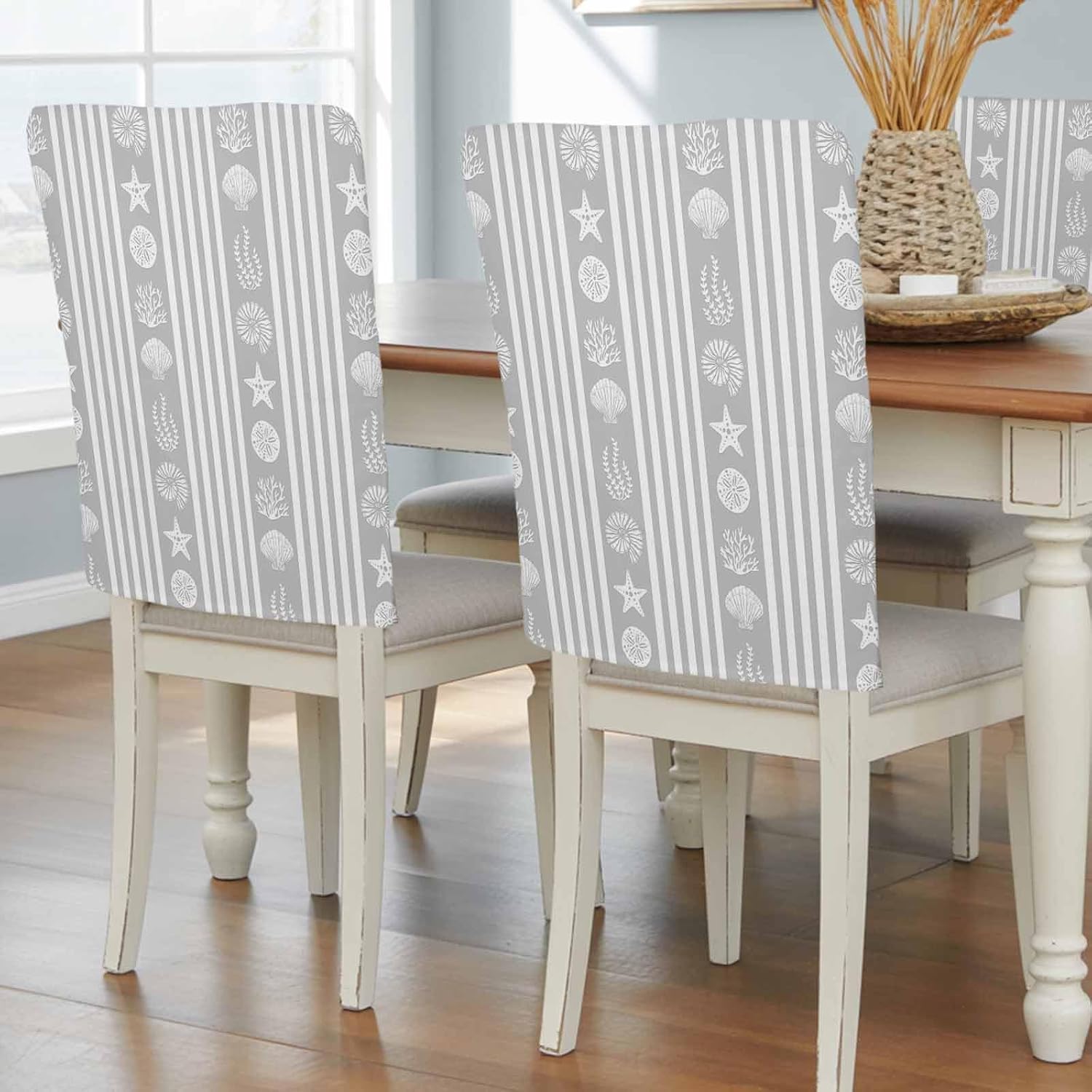 Dining Room Chair Back Covers Set of 4 Sea Stars Shells Corals Removable Kitchen Chair Seat Covers Protector Gray Geometric Stripes Slipcovers for Weeding Holiday Party Decor