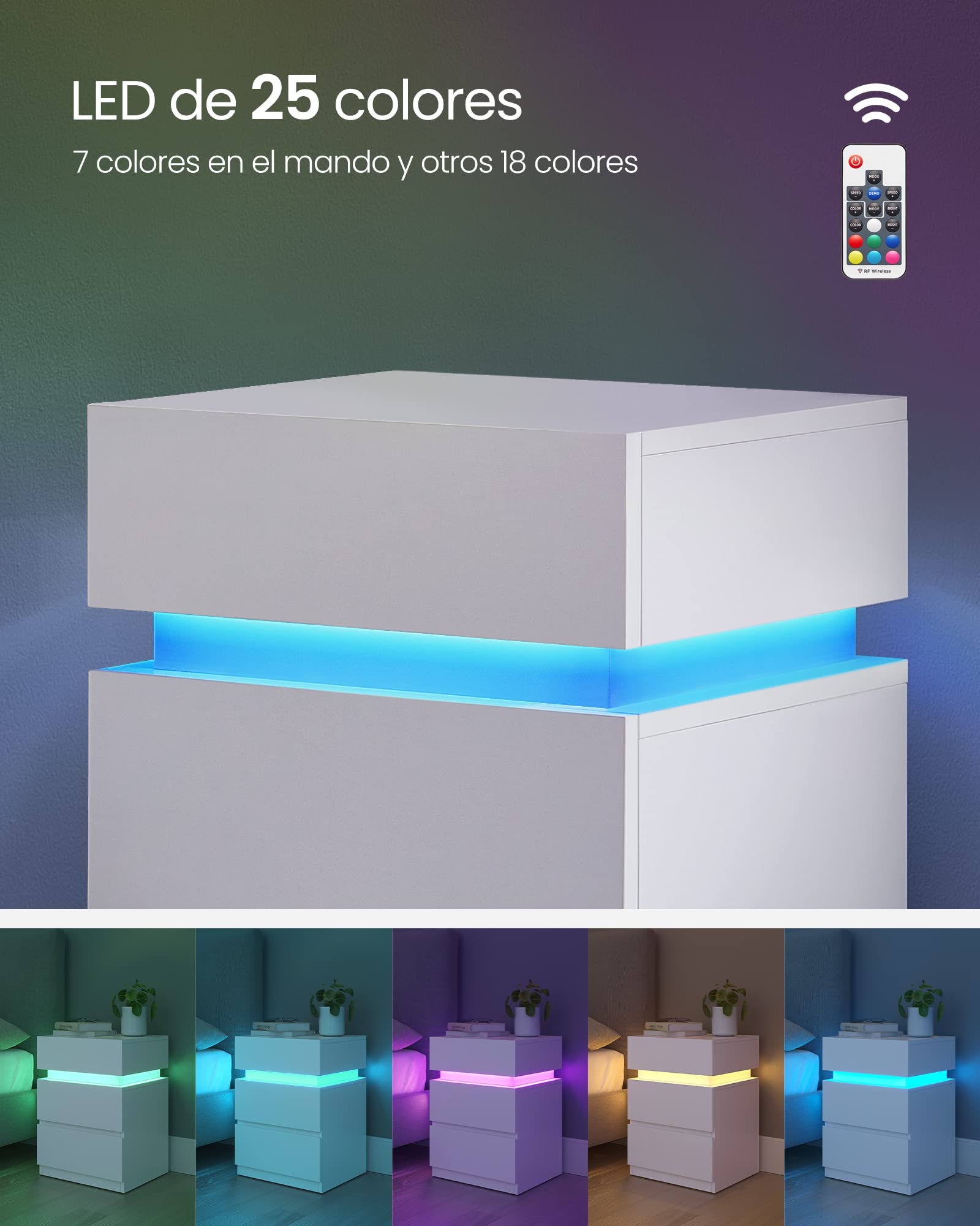 VASAGLE KAILYN Colección - Mesita de Noche con Tira de Luz LED Multicolor Variable, 3 Cajones, Mesa Auxiliar, Estilo Moderno, 35 x 40 x 55 cm, Blanco Nube LET630T10V2