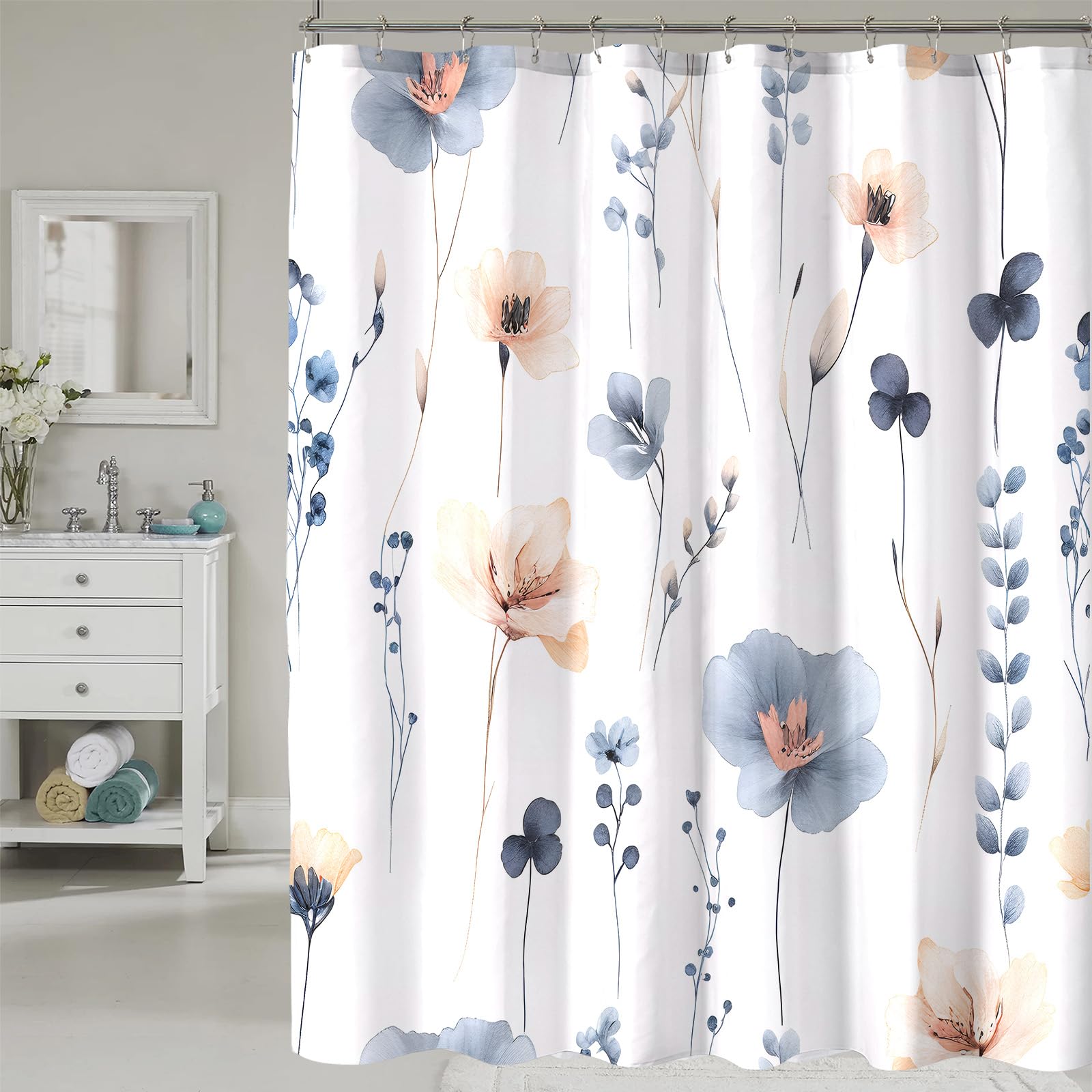COSEVIER Blue Beige Floral Shower Curtain, Watercolor Flower Shower Curtains for Bathroom, Modern Minimalist Waterproof Fabric Bath Decoration 72x72