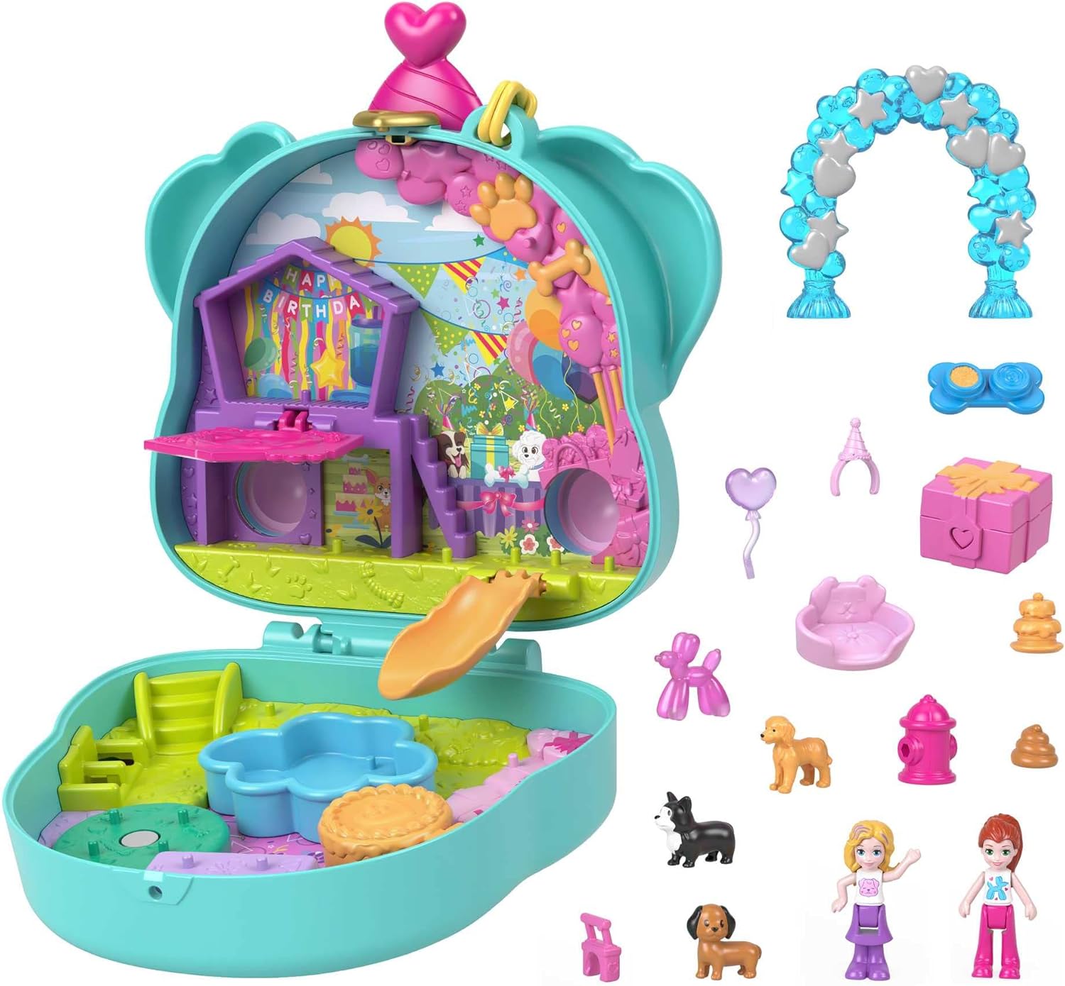 Polly Pocket Mini Toys, Doggy Birthday Bash Compact Playset with 2