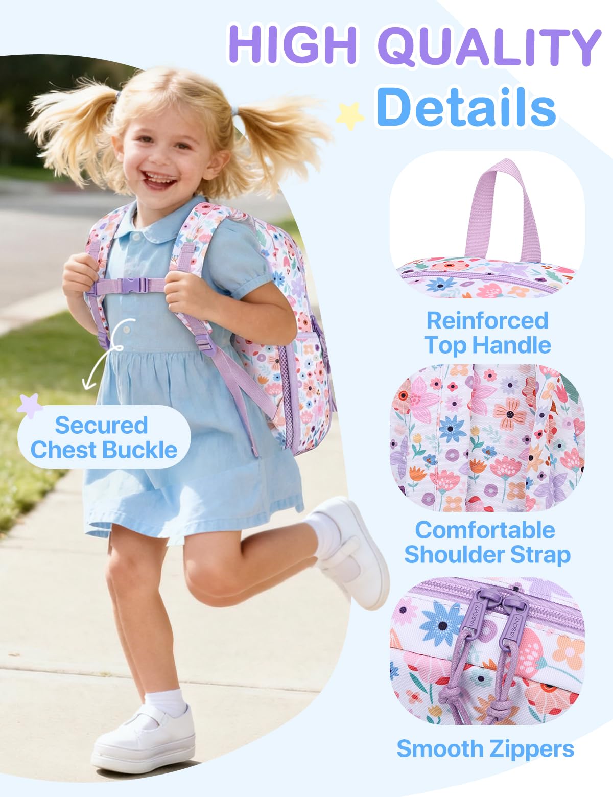 VASCHY Mochila Infantil Niña 12 L 2–5 Años, Ligera, Mochila Escolar para Guardería, Preescolar y Viaje, Floración Lila