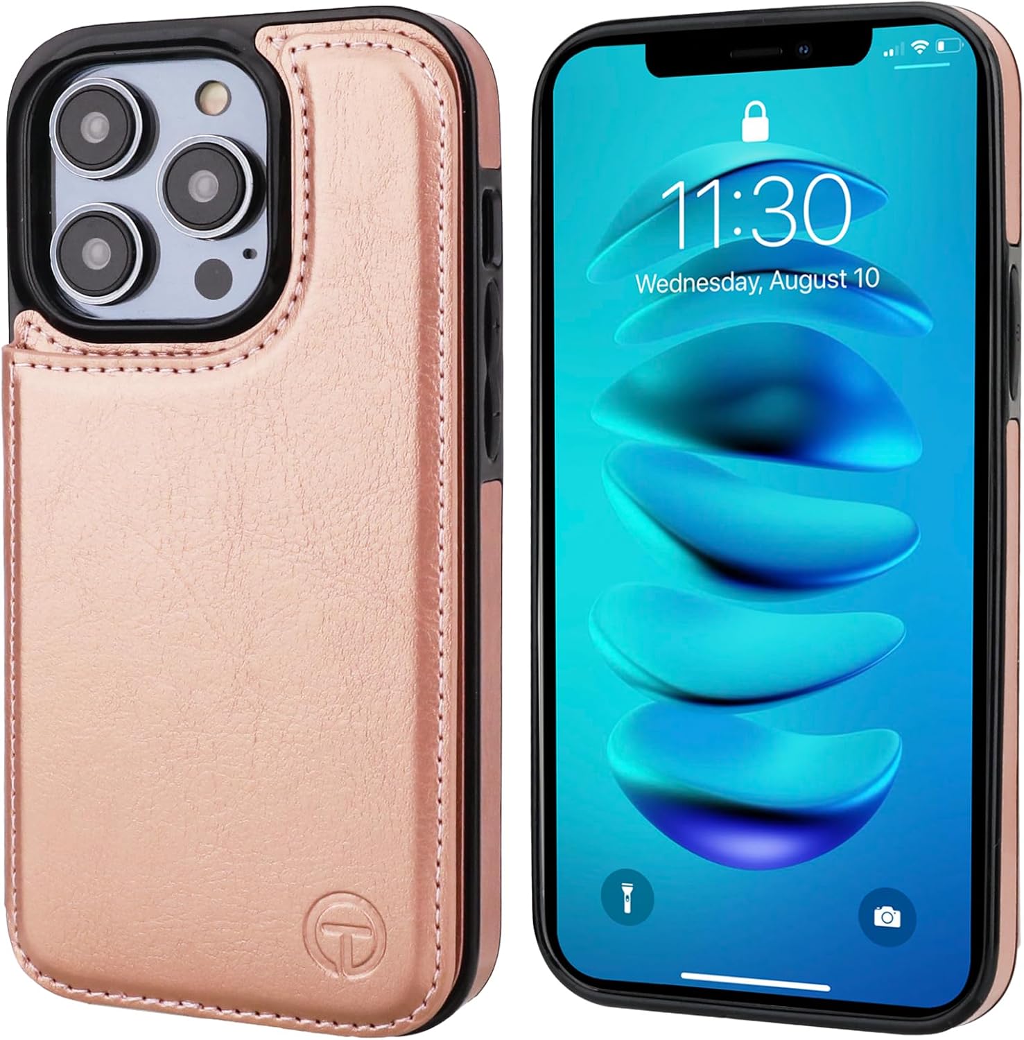ONETOP Compatible with Magsafe for iPhone 14 Pro Wallet Case with Card Holder, PU Leather Kickstand RFID Blocking Case, Double Magnetic Clasp and Durable Shockproof Cover 6.1 Inch (Rose Gold)