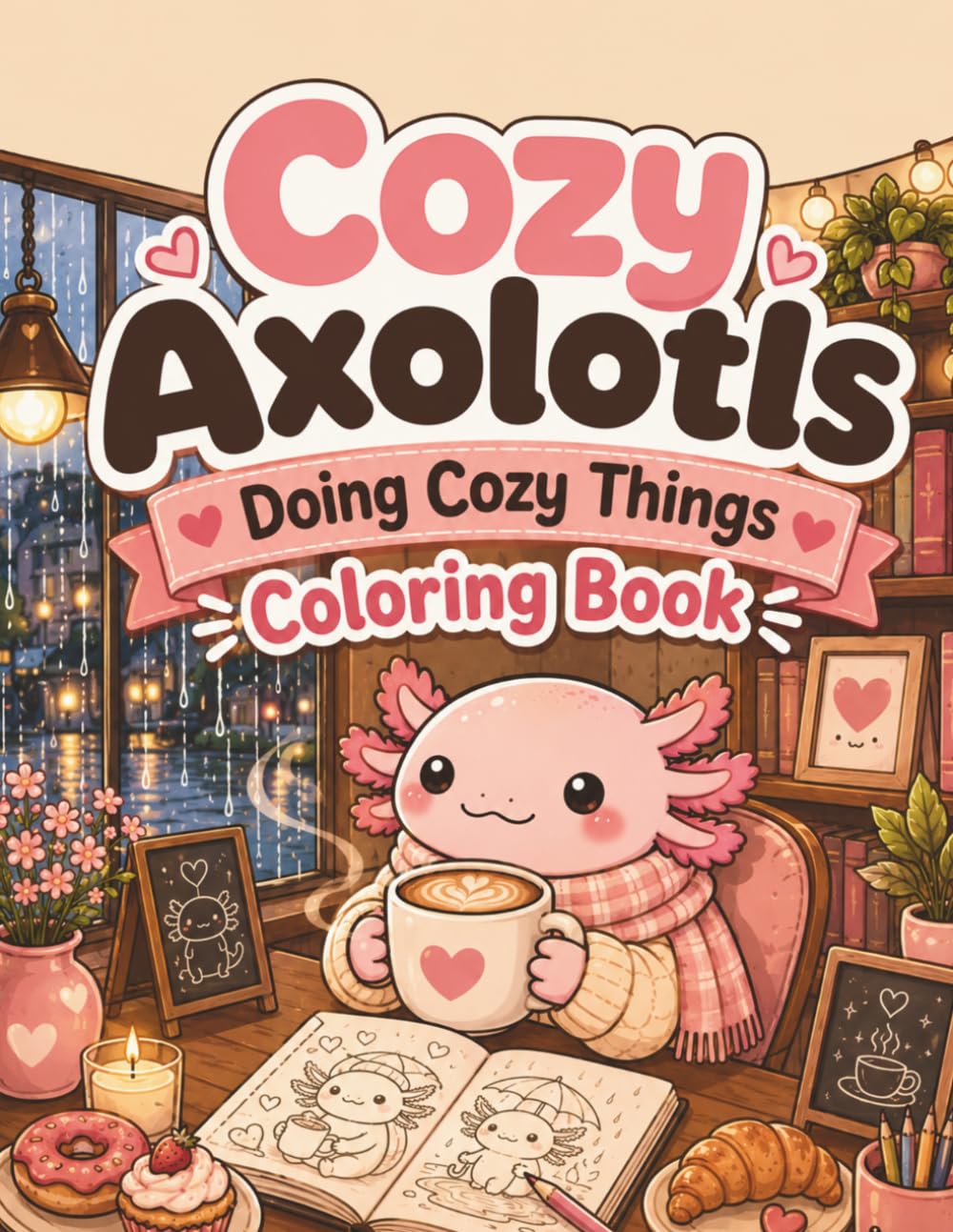 Cozy Axolotls Doing Cozy Things Coloring Book: Bold and Easy Cute Axolotl Coloring Pages with Cozy Cafes, Rainy Days, Bubble Baths, Baking, Gardening, and Relaxing Kawaii Scenes for Teens and Adults
