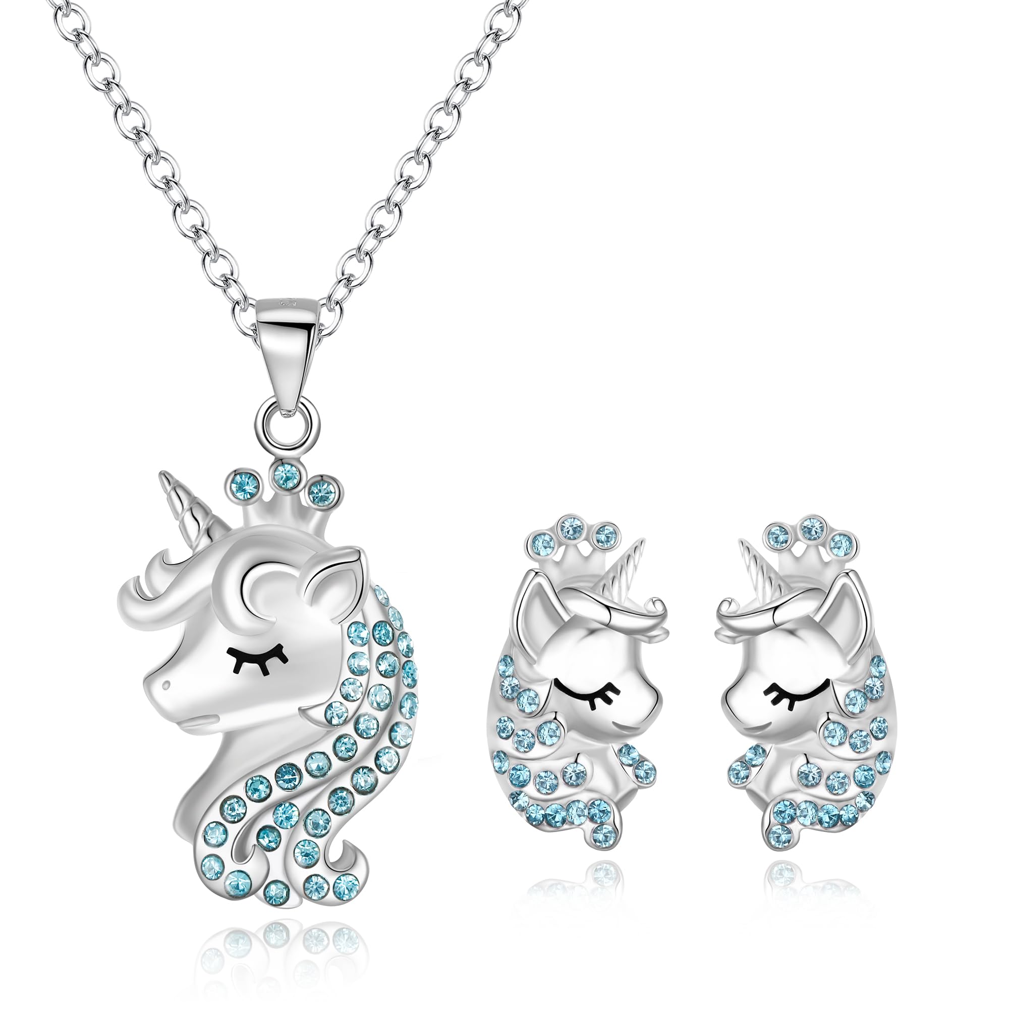 Juego de joyas de unicornio de plata 925 con pendientes de tuerca y colgante 6