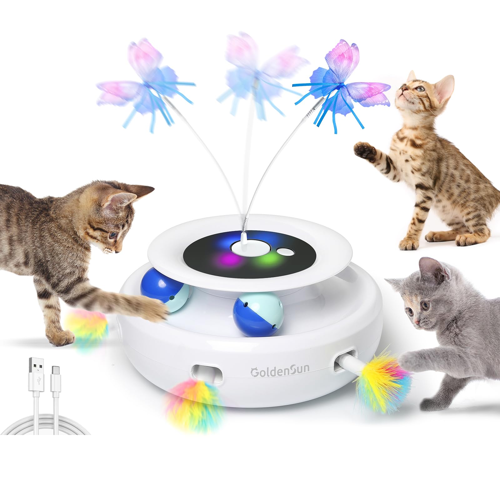 GoldenSun Jouet pour Chat, Jouet Interactif électrique 3 en 1 pour Chats, Whack-A-Mole, Papillon Flottant, Balle Incluse, Jouet pour Chat Rechargeable par USB avec 4 Accessoires
